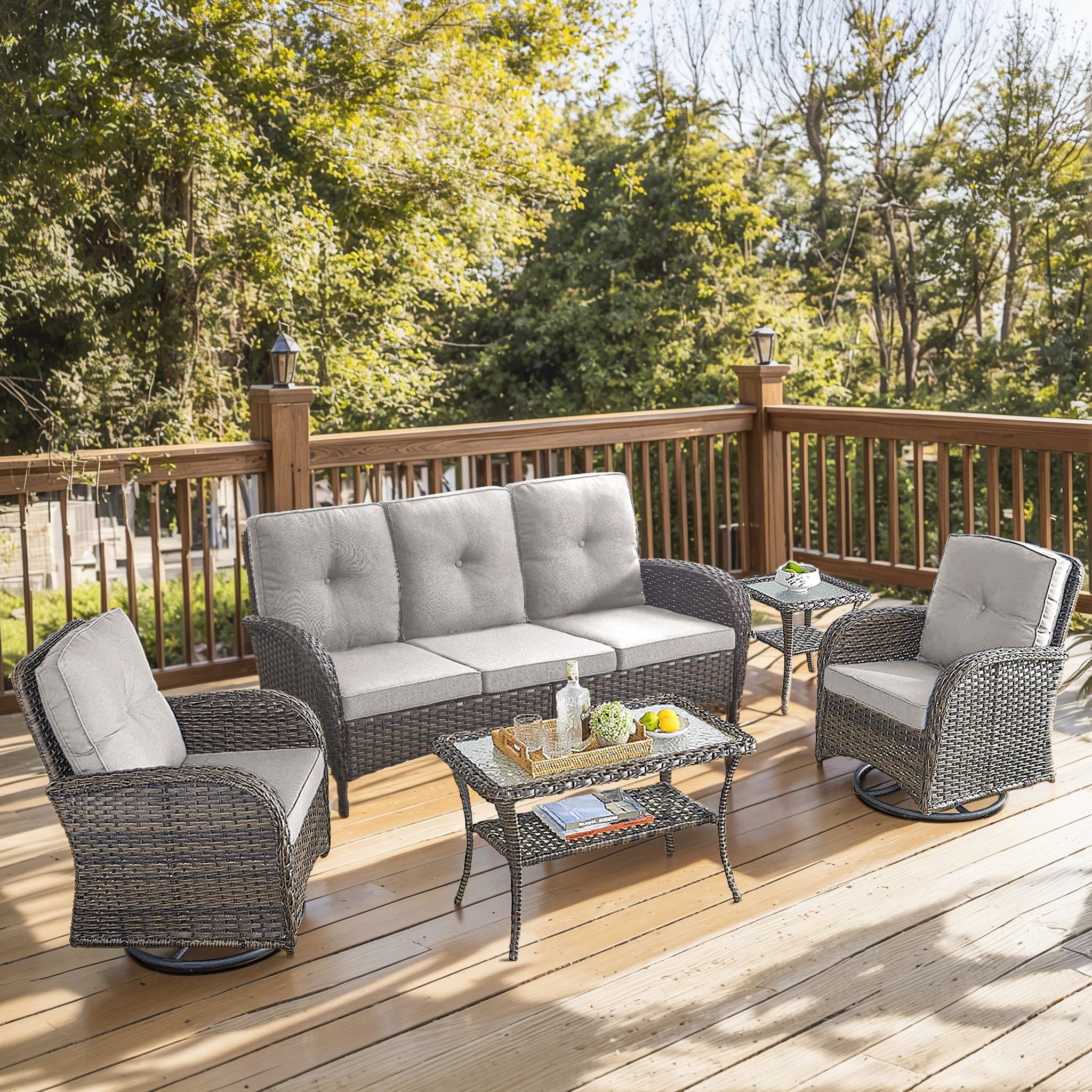 2 in 1 Porch Glider Swivel Chair - Wicker Patio Furniture Outdoor Swivel Rocker Chair with Thick Cushion, 300 Lb Weight Capacity Patio Swivel Glider Seating - Brown Wicker, Grey Cushion