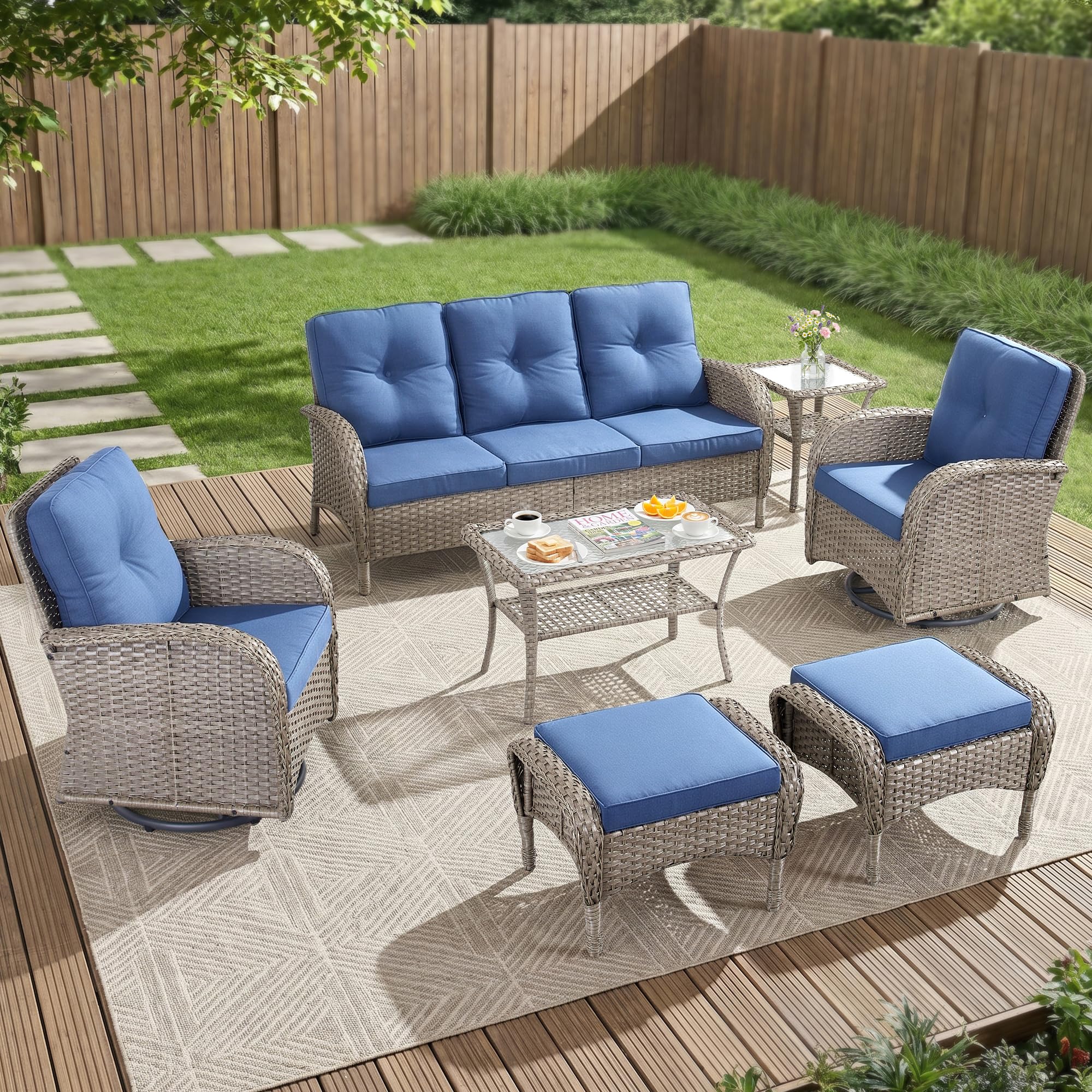2 in 1 Porch Glider Swivel Chair - Wicker Patio Furniture Outdoor Swivel Rocker Chair with Thick Cushion, 300 Lb Weight Capacity Patio Swivel Glider Seating - Brown Wicker, Grey Cushion
