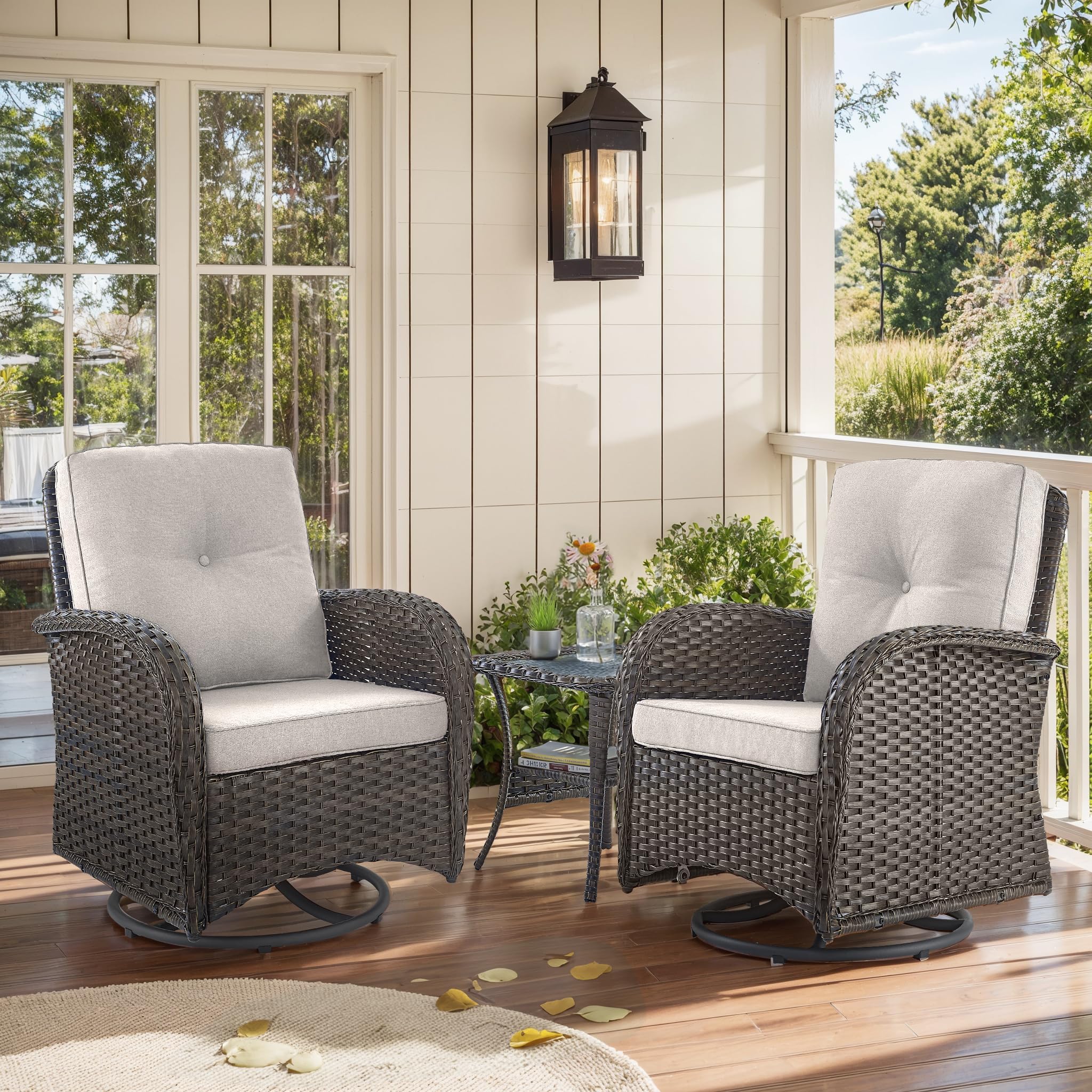 2 in 1 Porch Glider Swivel Chair - Wicker Patio Furniture Outdoor Swivel Rocker Chair with Thick Cushion, 300 Lb Weight Capacity Patio Swivel Glider Seating - Brown Wicker, Grey Cushion