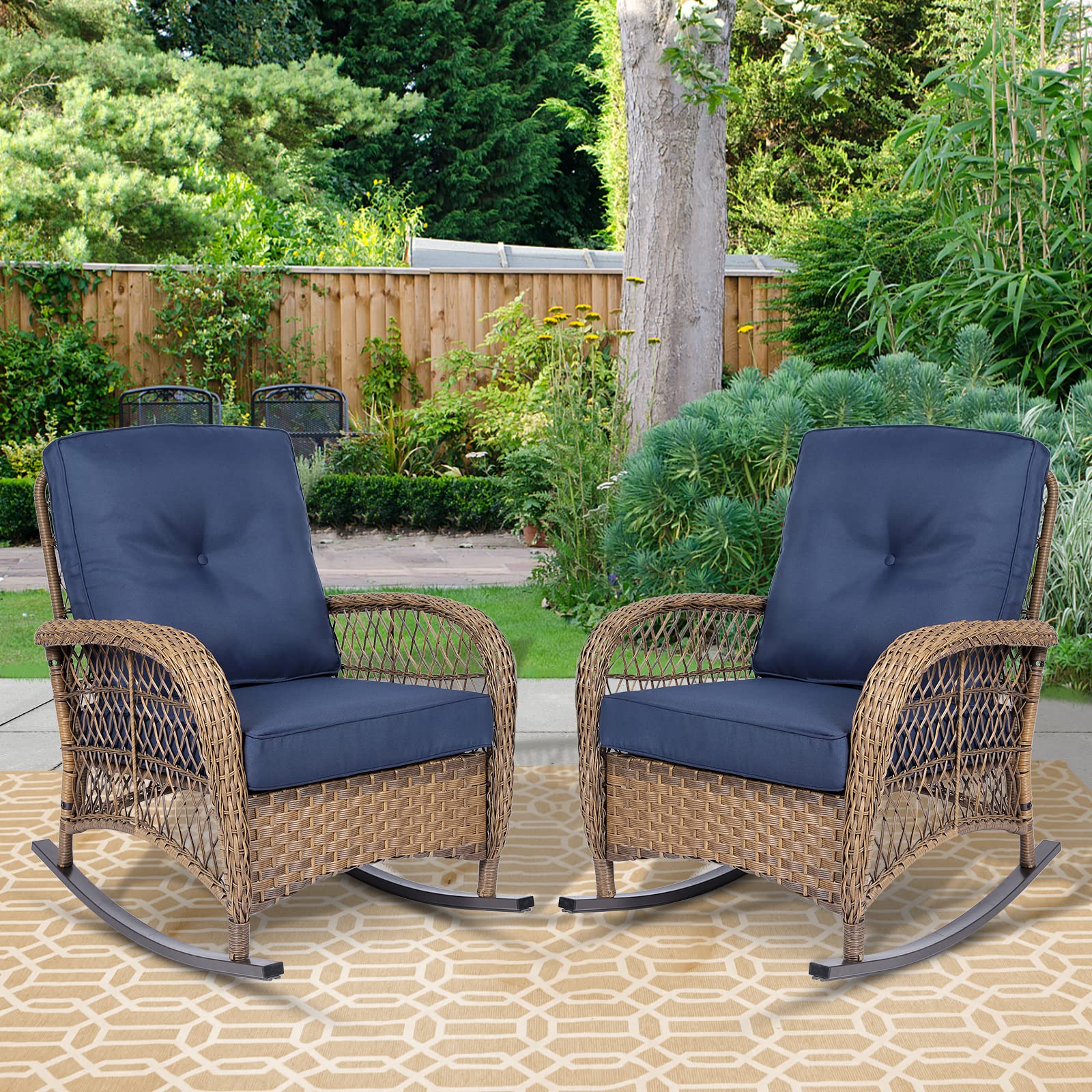 Outdoor Wicker Oversized Rocking Chair, All Weather- Resistant Patio Rocking Chair for Garden Lawn, Patio Wicker Furniture Seat with 4” Thick Cushion, Orange