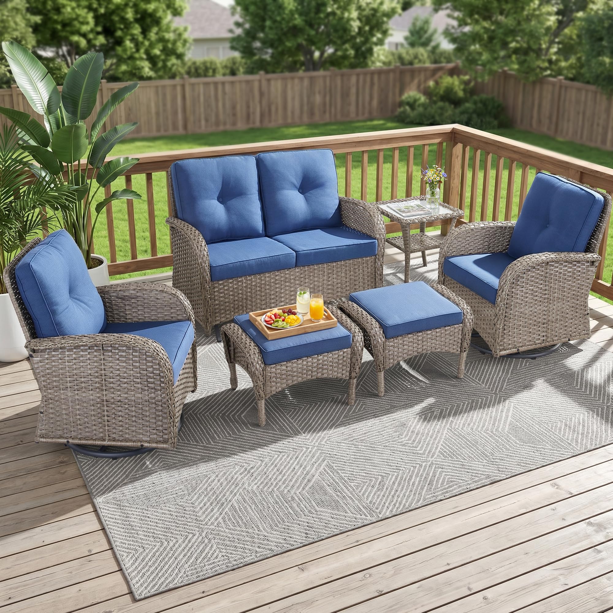 2 in 1 Porch Glider Swivel Chair - Wicker Patio Furniture Outdoor Swivel Rocker Chair with Thick Cushion, 300 Lb Weight Capacity Patio Swivel Glider Seating - Brown Wicker, Grey Cushion
