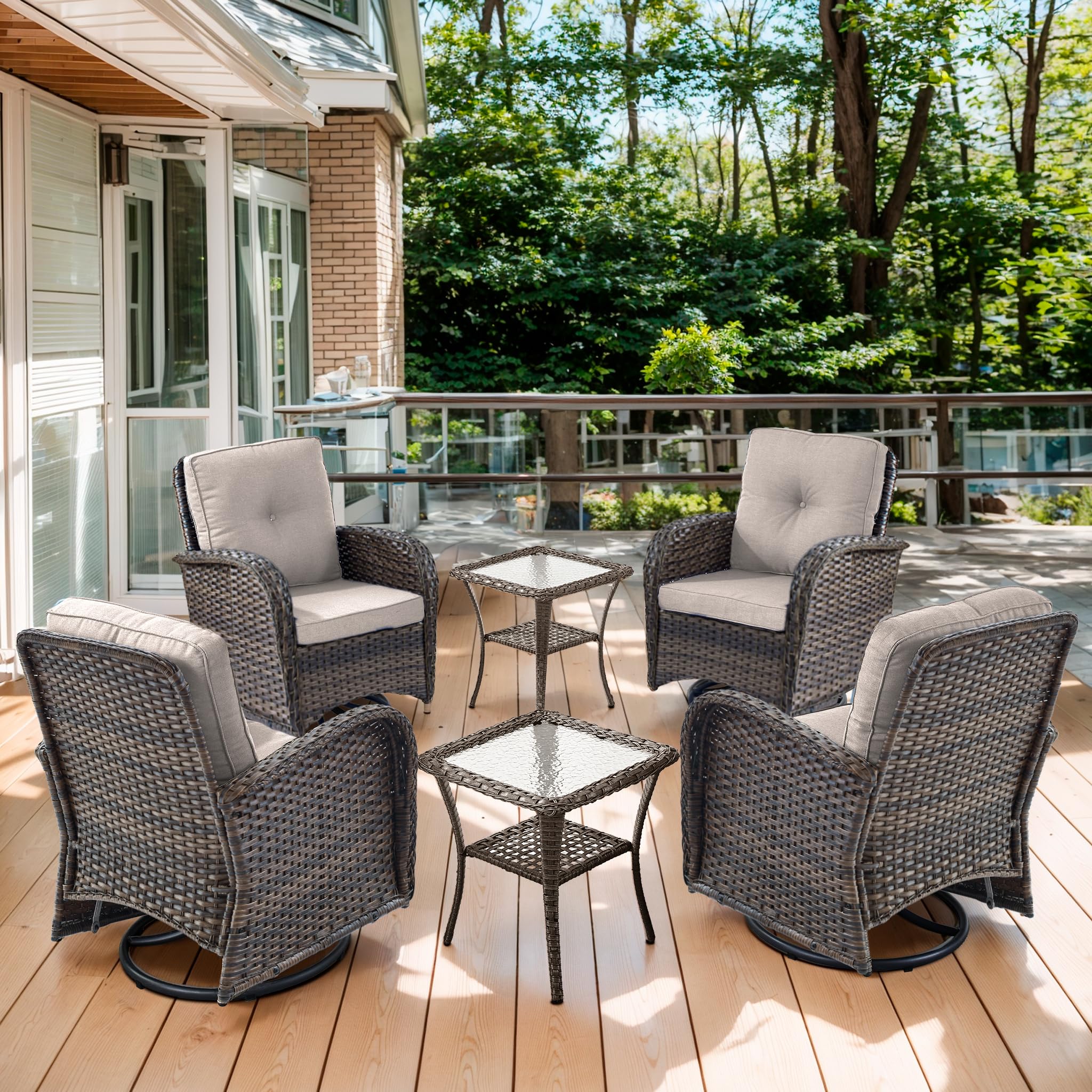 2 in 1 Porch Glider Swivel Chair - Wicker Patio Furniture Outdoor Swivel Rocker Chair with Thick Cushion, 300 Lb Weight Capacity Patio Swivel Glider Seating - Brown Wicker, Grey Cushion
