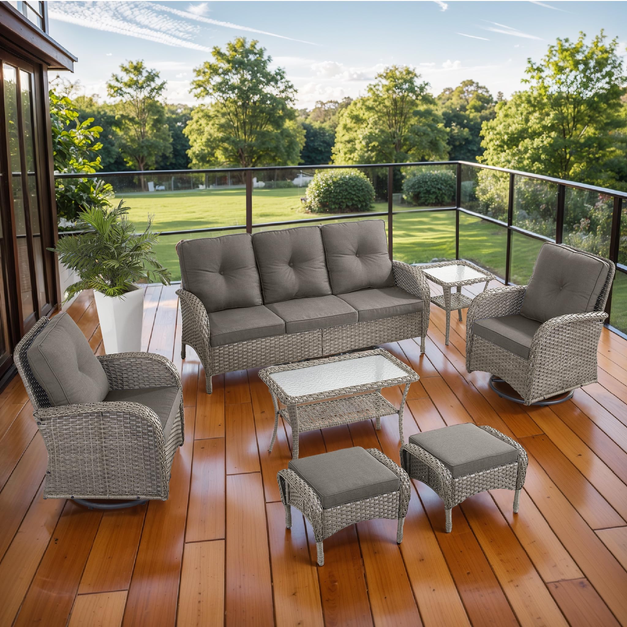 2 in 1 Porch Glider Swivel Chair - Wicker Patio Furniture Outdoor Swivel Rocker Chair with Thick Cushion, 300 Lb Weight Capacity Patio Swivel Glider Seating - Brown Wicker, Grey Cushion