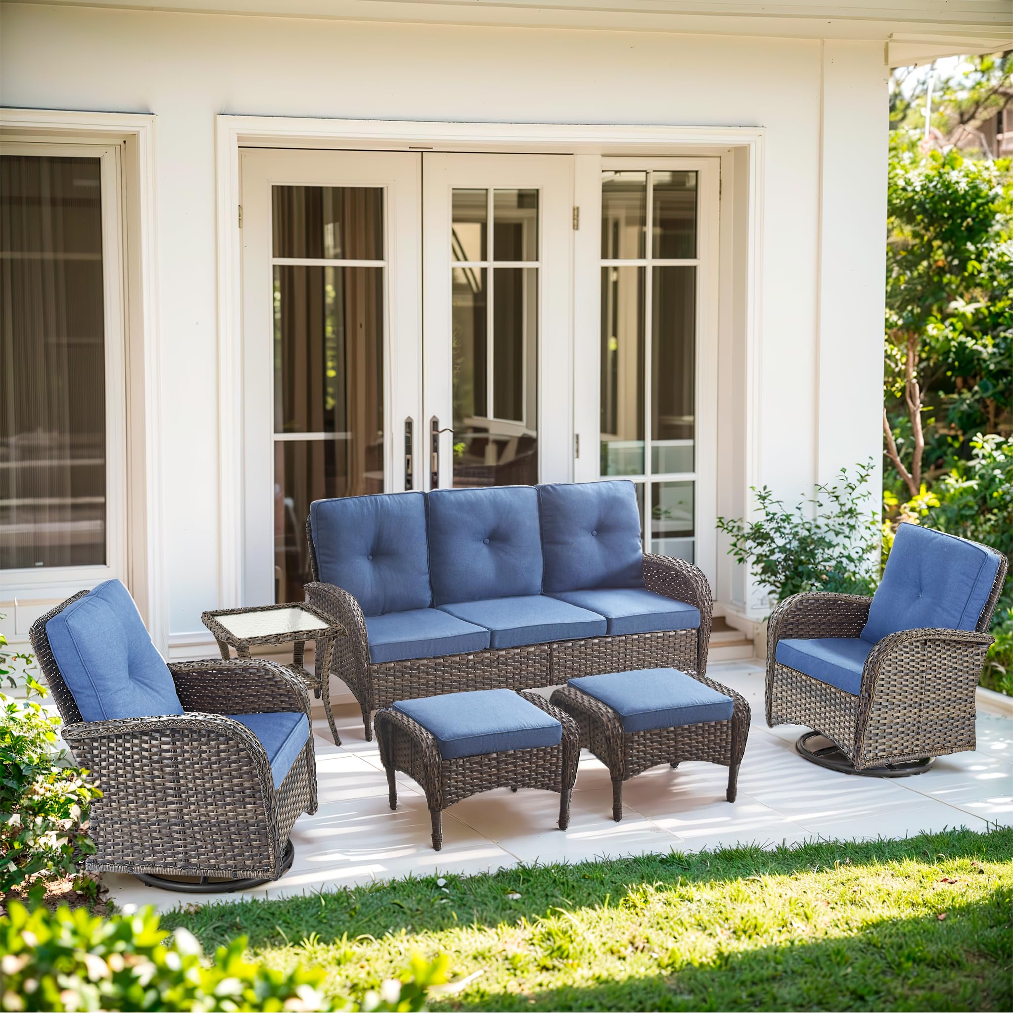 2 in 1 Porch Glider Swivel Chair - Wicker Patio Furniture Outdoor Swivel Rocker Chair with Thick Cushion, 300 Lb Weight Capacity Patio Swivel Glider Seating - Brown Wicker, Grey Cushion