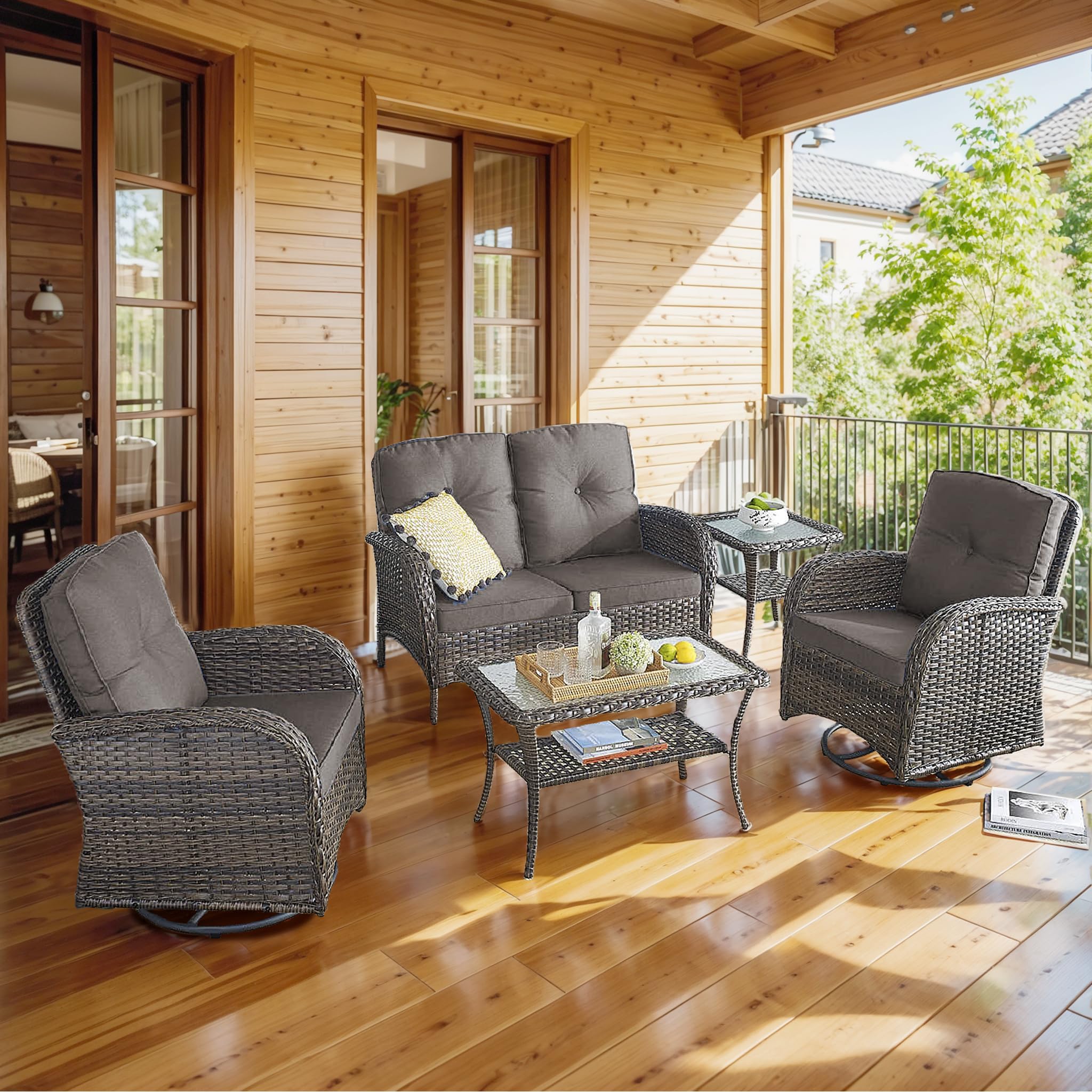 2 in 1 Porch Glider Swivel Chair - Wicker Patio Furniture Outdoor Swivel Rocker Chair with Thick Cushion, 300 Lb Weight Capacity Patio Swivel Glider Seating - Brown Wicker, Grey Cushion