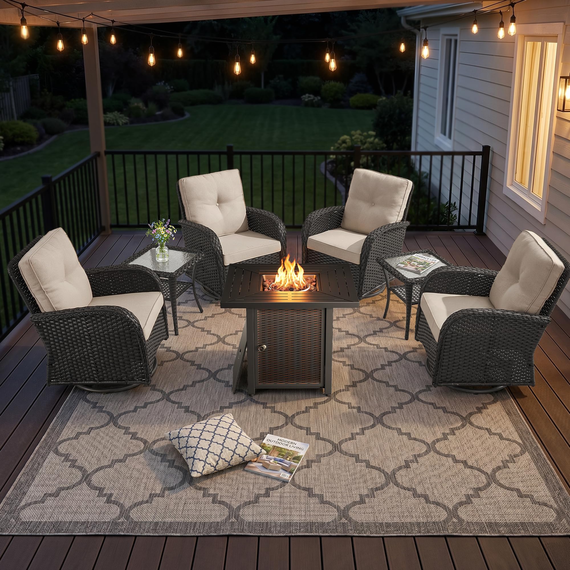 2 in 1 Porch Glider Swivel Chair - Wicker Patio Furniture Outdoor Swivel Rocker Chair with Thick Cushion, 300 Lb Weight Capacity Patio Swivel Glider Seating - Brown Wicker, Grey Cushion