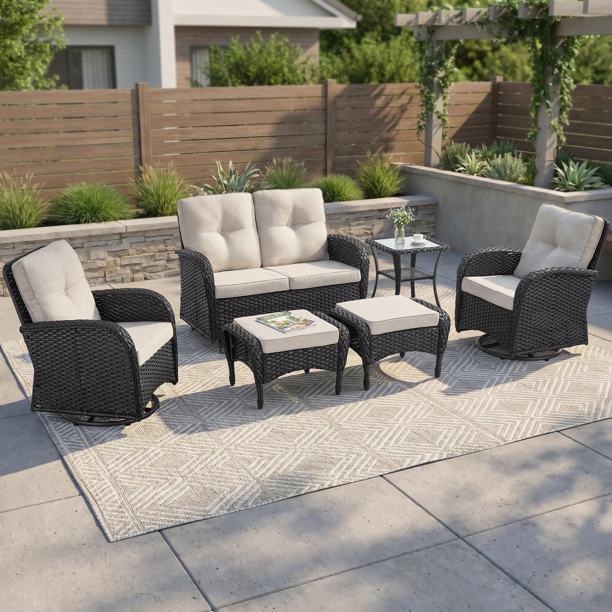 2 in 1 Porch Glider Swivel Chair - Wicker Patio Furniture Outdoor Swivel Rocker Chair with Thick Cushion, 300 Lb Weight Capacity Patio Swivel Glider Seating - Brown Wicker, Grey Cushion