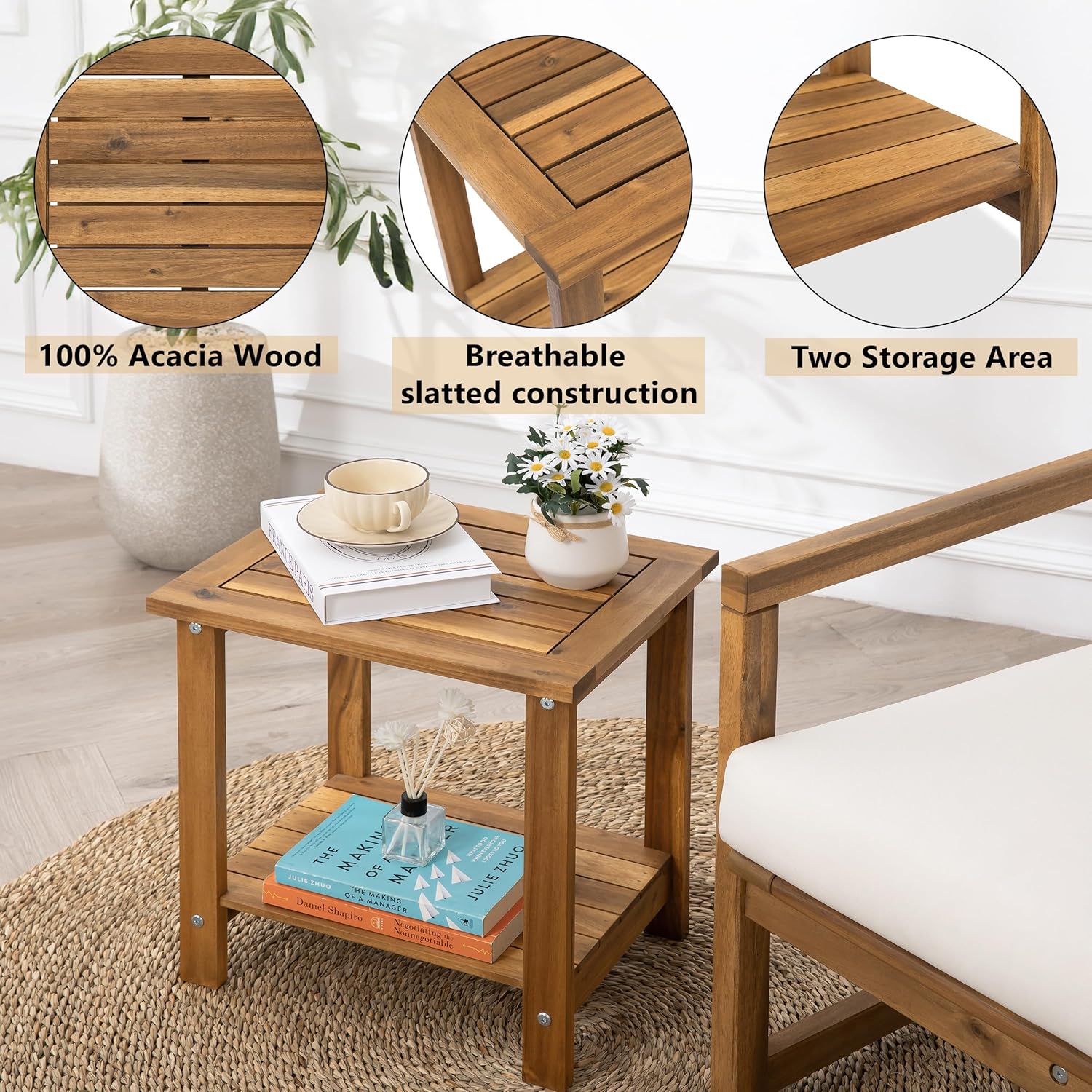 VICTORY RELAX Solid Acacia Wood Side Table with 2-Tier Storage, Weather-Resistant Outdoor Indoor End Table, Natural Rustic Color Night Stand