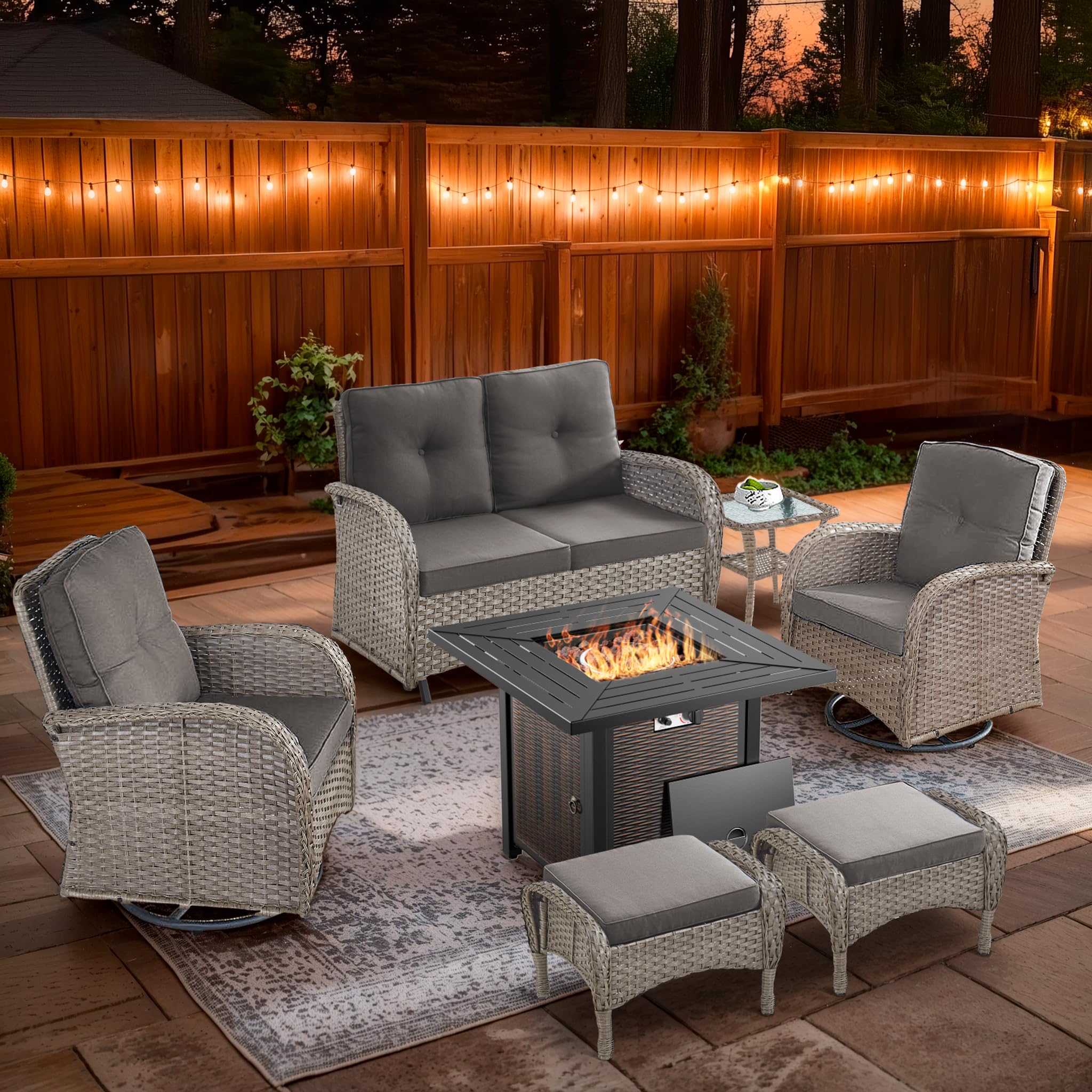 2 in 1 Porch Glider Swivel Chair - Wicker Patio Furniture Outdoor Swivel Rocker Chair with Thick Cushion, 300 Lb Weight Capacity Patio Swivel Glider Seating - Brown Wicker, Grey Cushion