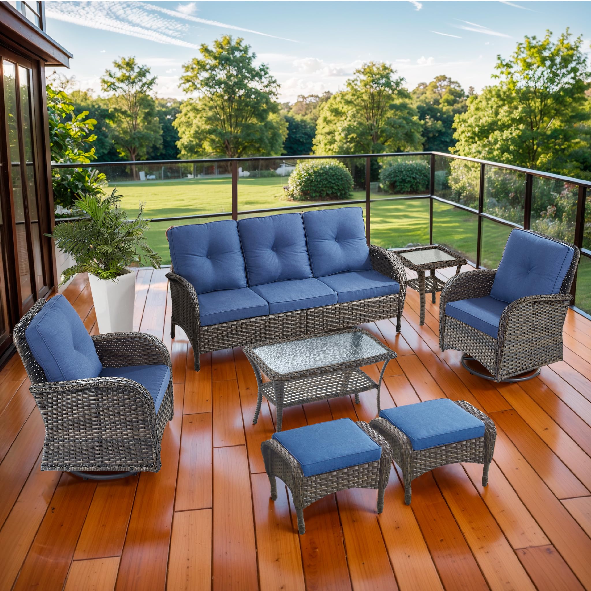 2 in 1 Porch Glider Swivel Chair - Wicker Patio Furniture Outdoor Swivel Rocker Chair with Thick Cushion, 300 Lb Weight Capacity Patio Swivel Glider Seating - Brown Wicker, Grey Cushion