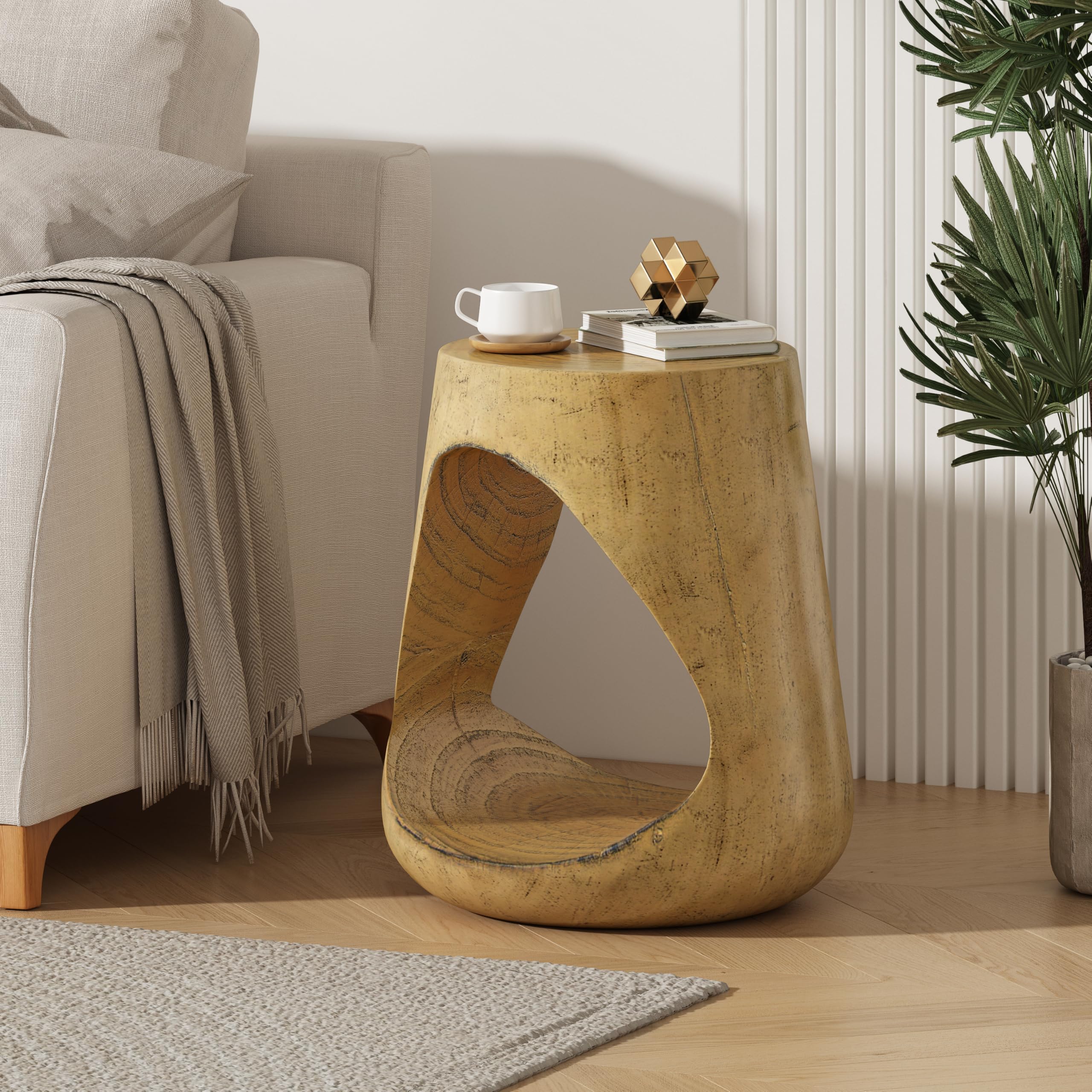 Christopher Knight Home Novi 26.57"H Lightweight Concrete Outdoor Side Table, Hollow Round-shaped Patio End Table, MGO Outdoor Coffee Table, Garden Plant Stand Indoor, Wood-Like Texture, Antique Brown