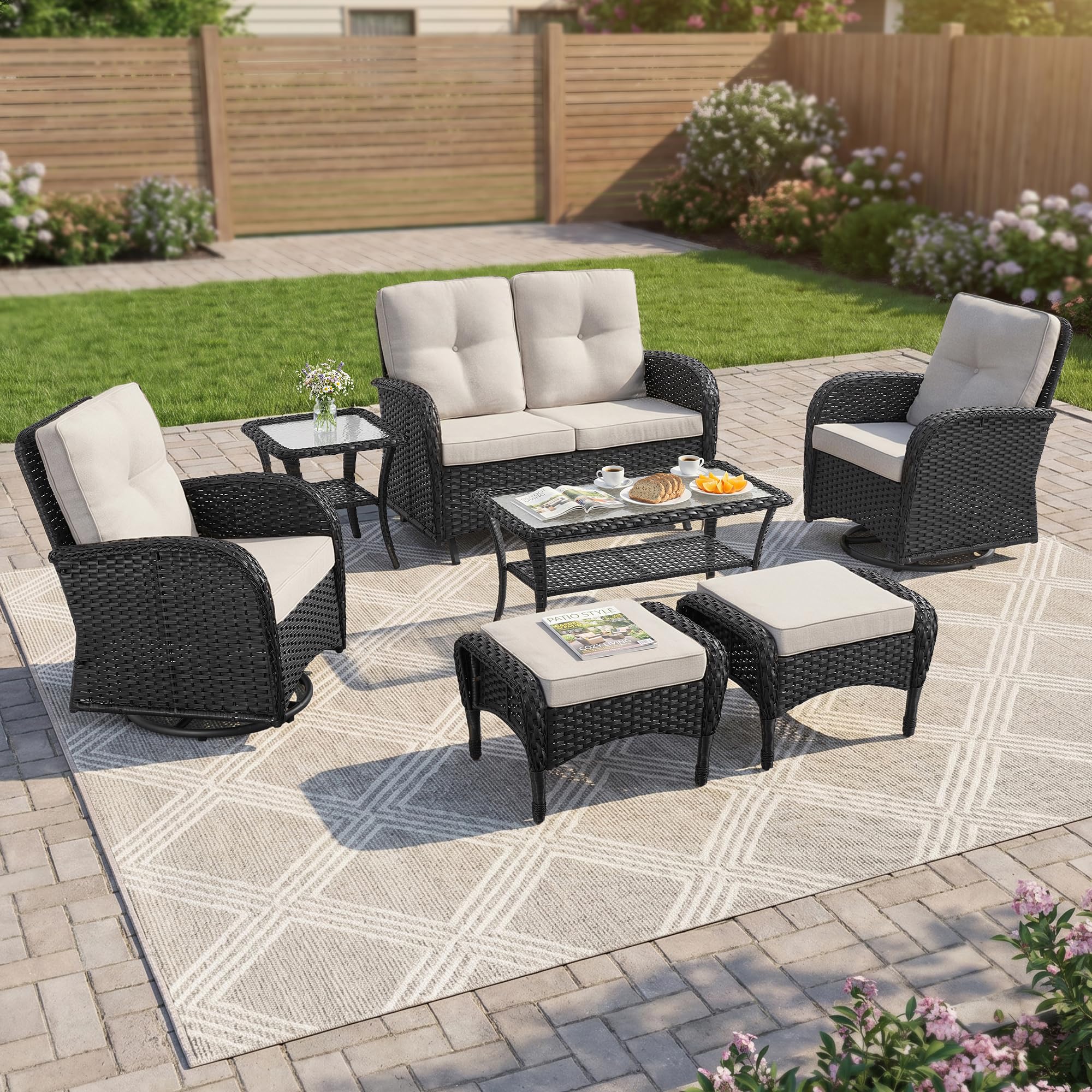 2 in 1 Porch Glider Swivel Chair - Wicker Patio Furniture Outdoor Swivel Rocker Chair with Thick Cushion, 300 Lb Weight Capacity Patio Swivel Glider Seating - Brown Wicker, Grey Cushion