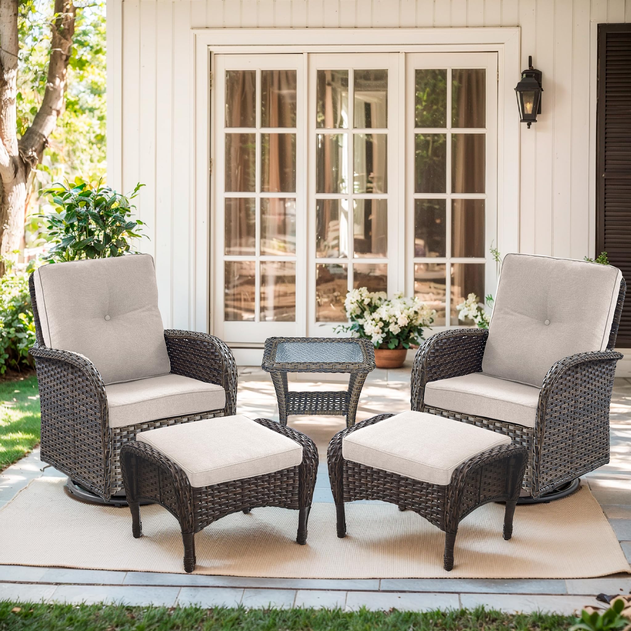 2 in 1 Porch Glider Swivel Chair - Wicker Patio Furniture Outdoor Swivel Rocker Chair with Thick Cushion, 300 Lb Weight Capacity Patio Swivel Glider Seating - Brown Wicker, Grey Cushion