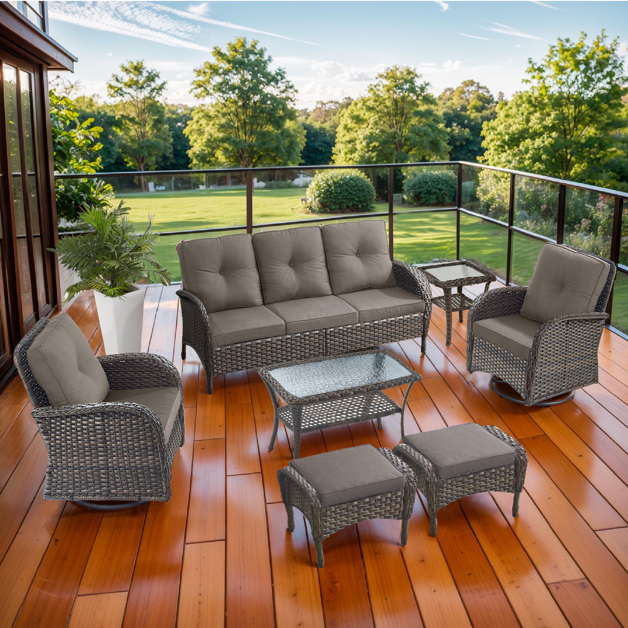 2 in 1 Porch Glider Swivel Chair - Wicker Patio Furniture Outdoor Swivel Rocker Chair with Thick Cushion, 300 Lb Weight Capacity Patio Swivel Glider Seating - Brown Wicker, Grey Cushion