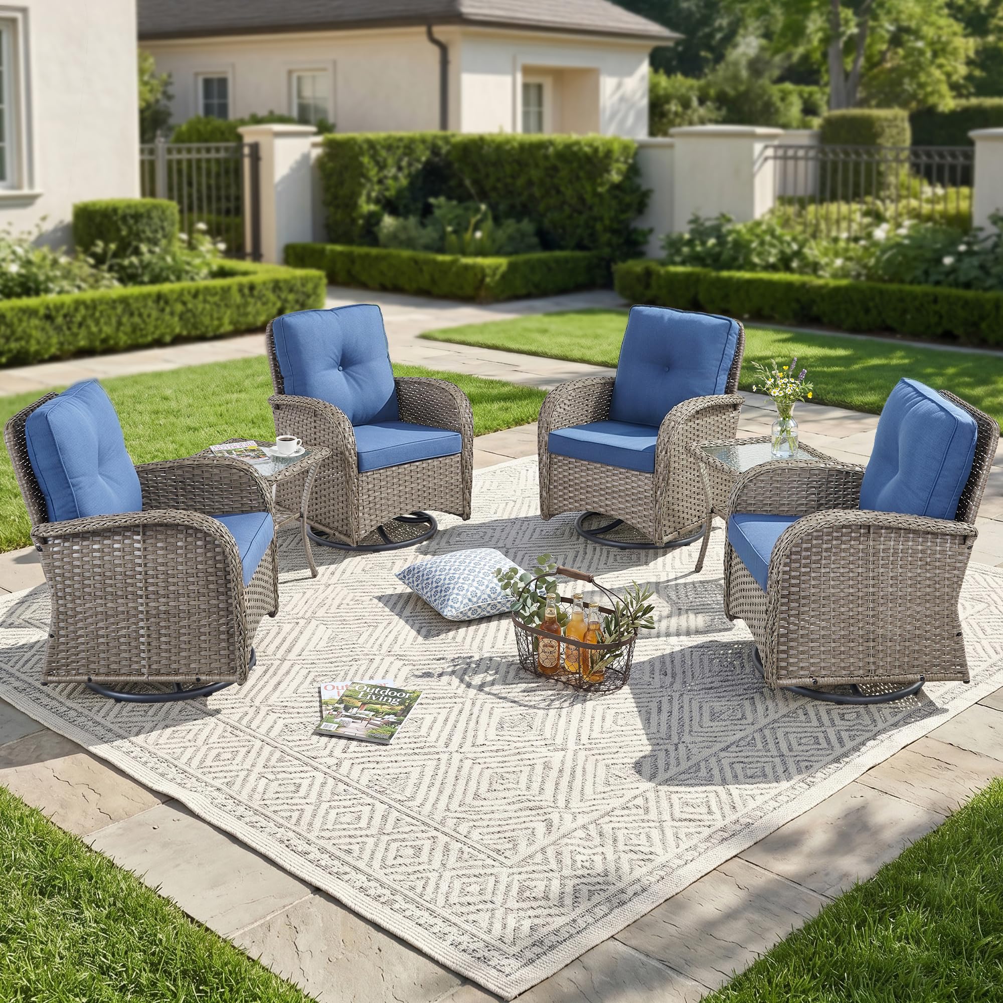 2 in 1 Porch Glider Swivel Chair - Wicker Patio Furniture Outdoor Swivel Rocker Chair with Thick Cushion, 300 Lb Weight Capacity Patio Swivel Glider Seating - Brown Wicker, Grey Cushion