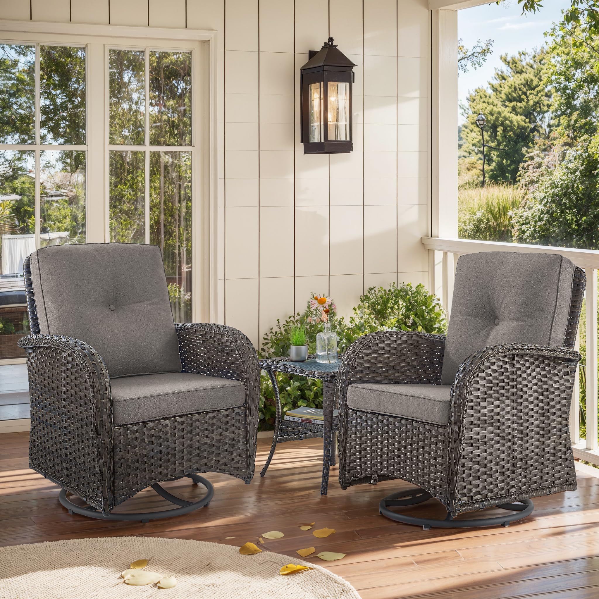 2 in 1 Porch Glider Swivel Chair - Wicker Patio Furniture Outdoor Swivel Rocker Chair with Thick Cushion, 300 Lb Weight Capacity Patio Swivel Glider Seating - Brown Wicker, Grey Cushion