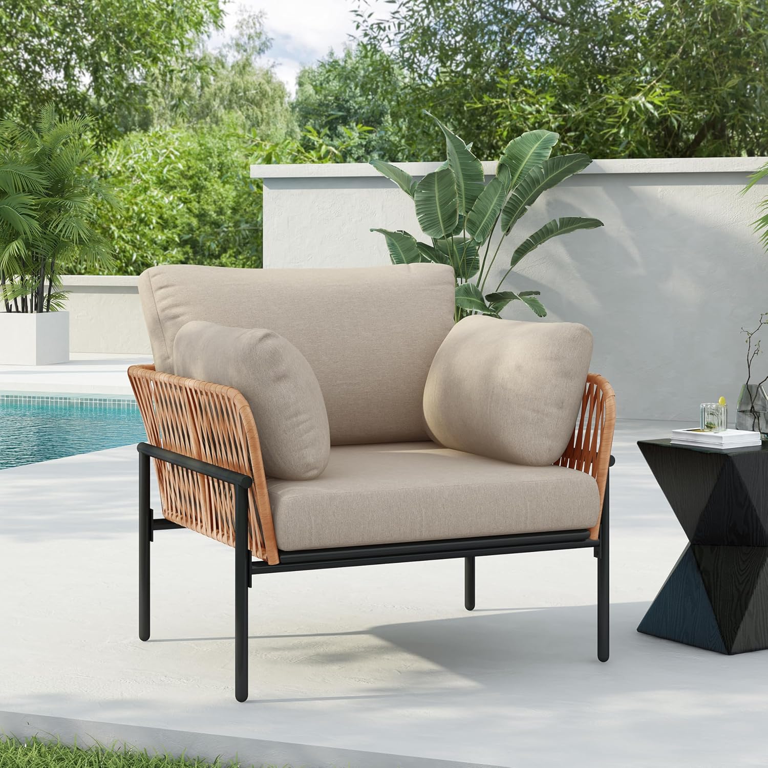 Plush Cushioned Refined Elegance Single Sofa, Comfort Single Sofa Chair with Iron Frame, Refined Upholstered Couch Chair for Indoor Outdoor Relaxation, Beige+Natural