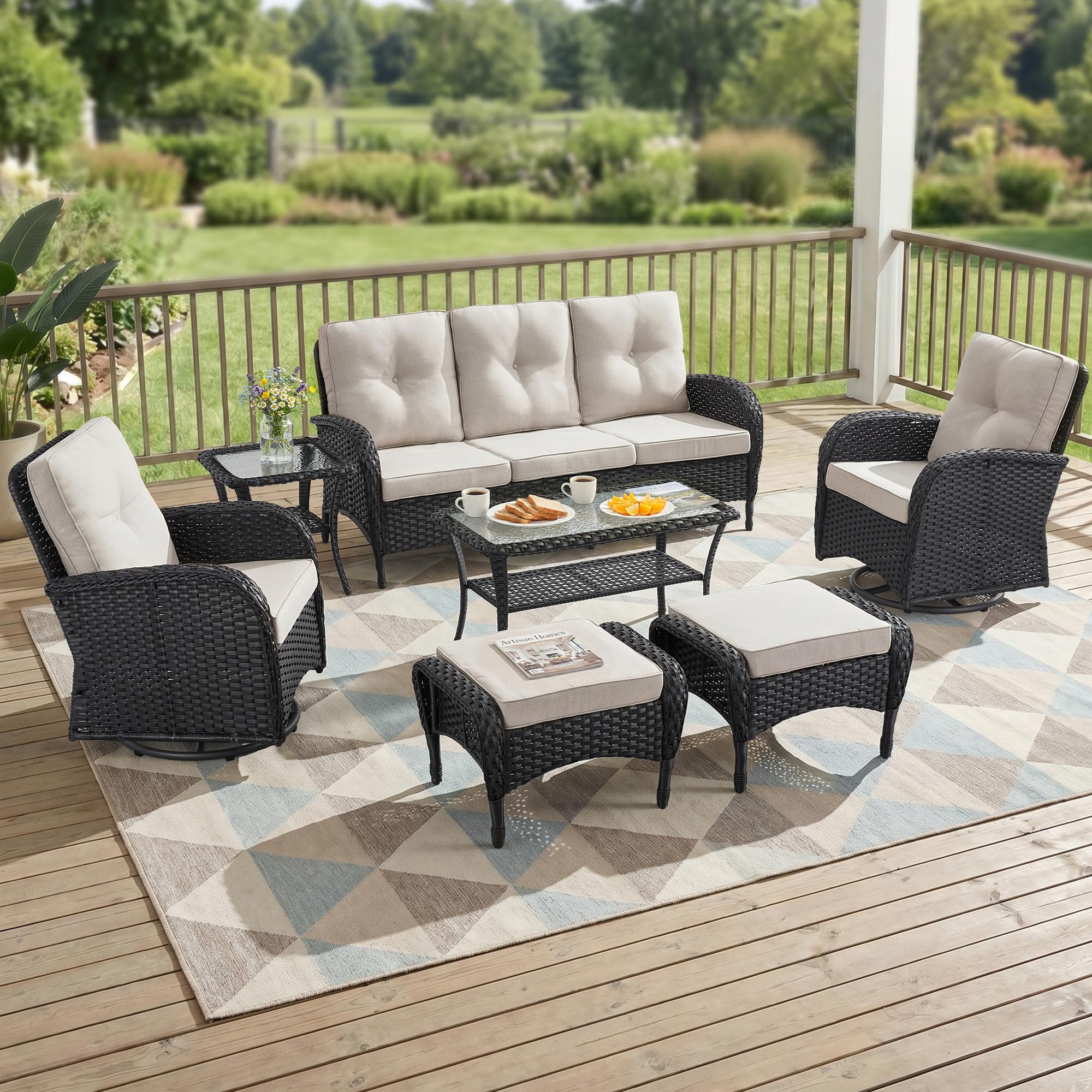 2 in 1 Porch Glider Swivel Chair - Wicker Patio Furniture Outdoor Swivel Rocker Chair with Thick Cushion, 300 Lb Weight Capacity Patio Swivel Glider Seating - Brown Wicker, Grey Cushion