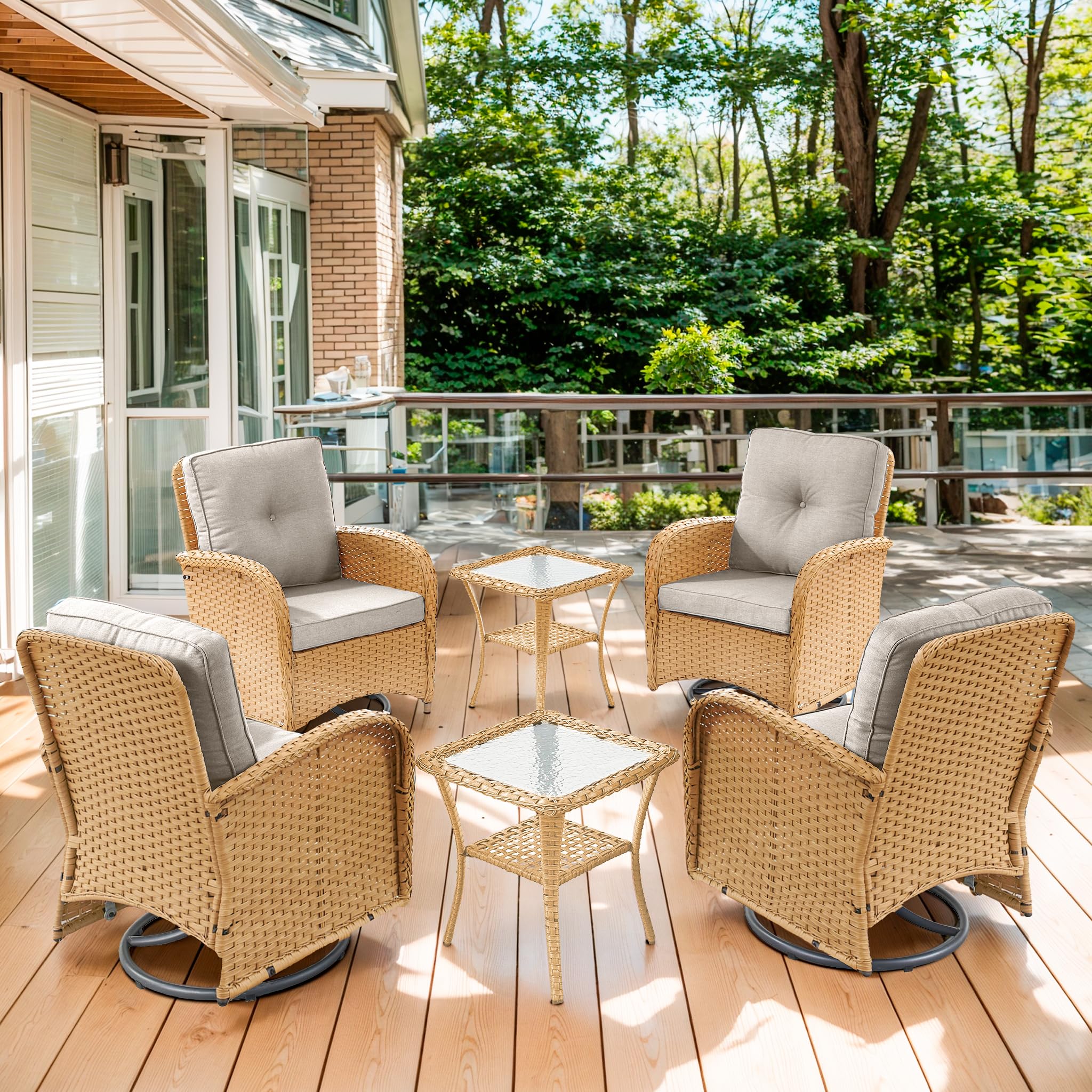 2 in 1 Porch Glider Swivel Chair - Wicker Patio Furniture Outdoor Swivel Rocker Chair with Thick Cushion, 300 Lb Weight Capacity Patio Swivel Glider Seating - Brown Wicker, Grey Cushion