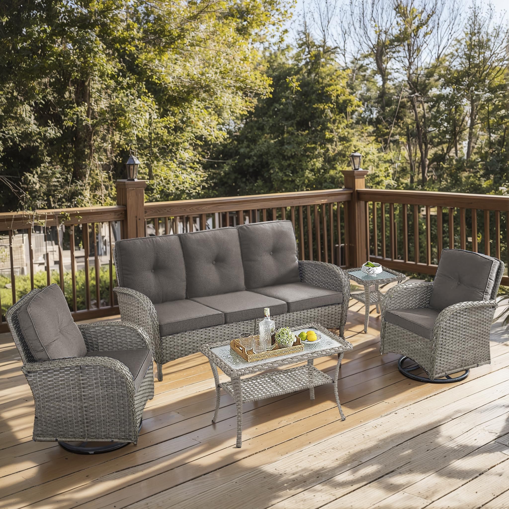 2 in 1 Porch Glider Swivel Chair - Wicker Patio Furniture Outdoor Swivel Rocker Chair with Thick Cushion, 300 Lb Weight Capacity Patio Swivel Glider Seating - Brown Wicker, Grey Cushion
