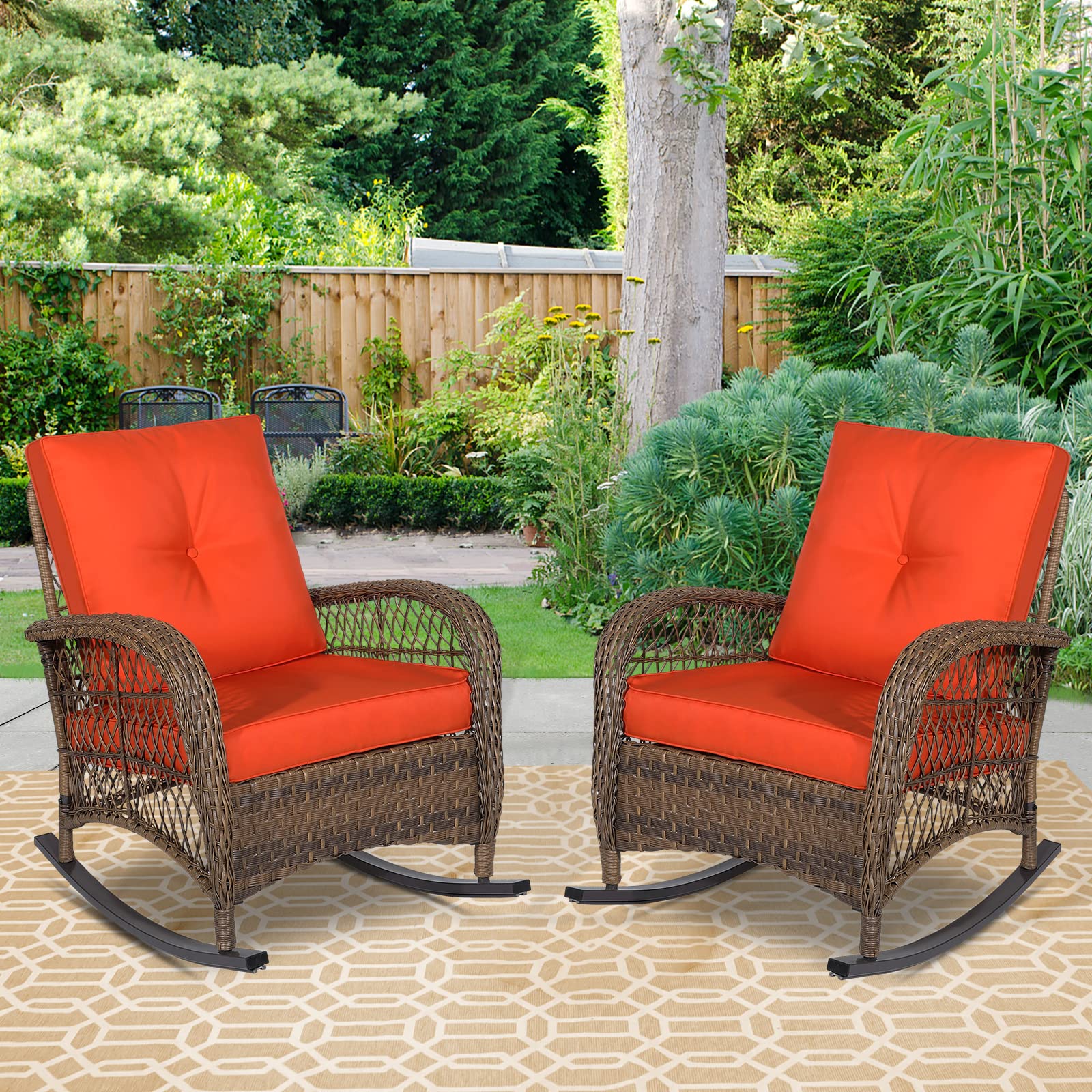 Outdoor Wicker Oversized Rocking Chair, All Weather- Resistant Patio Rocking Chair for Garden Lawn, Patio Wicker Furniture Seat with 4” Thick Cushion, Orange