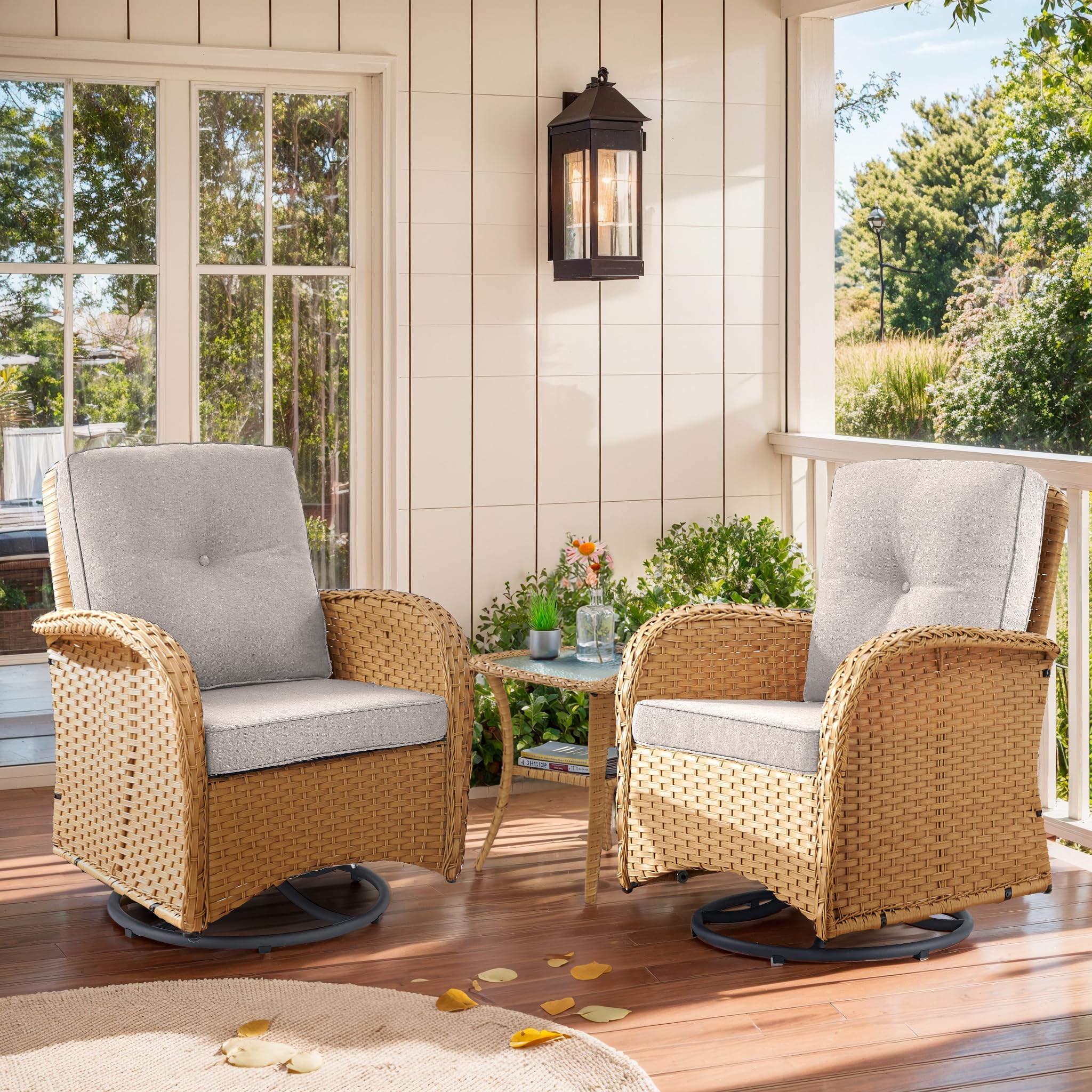 2 in 1 Porch Glider Swivel Chair - Wicker Patio Furniture Outdoor Swivel Rocker Chair with Thick Cushion, 300 Lb Weight Capacity Patio Swivel Glider Seating - Brown Wicker, Grey Cushion