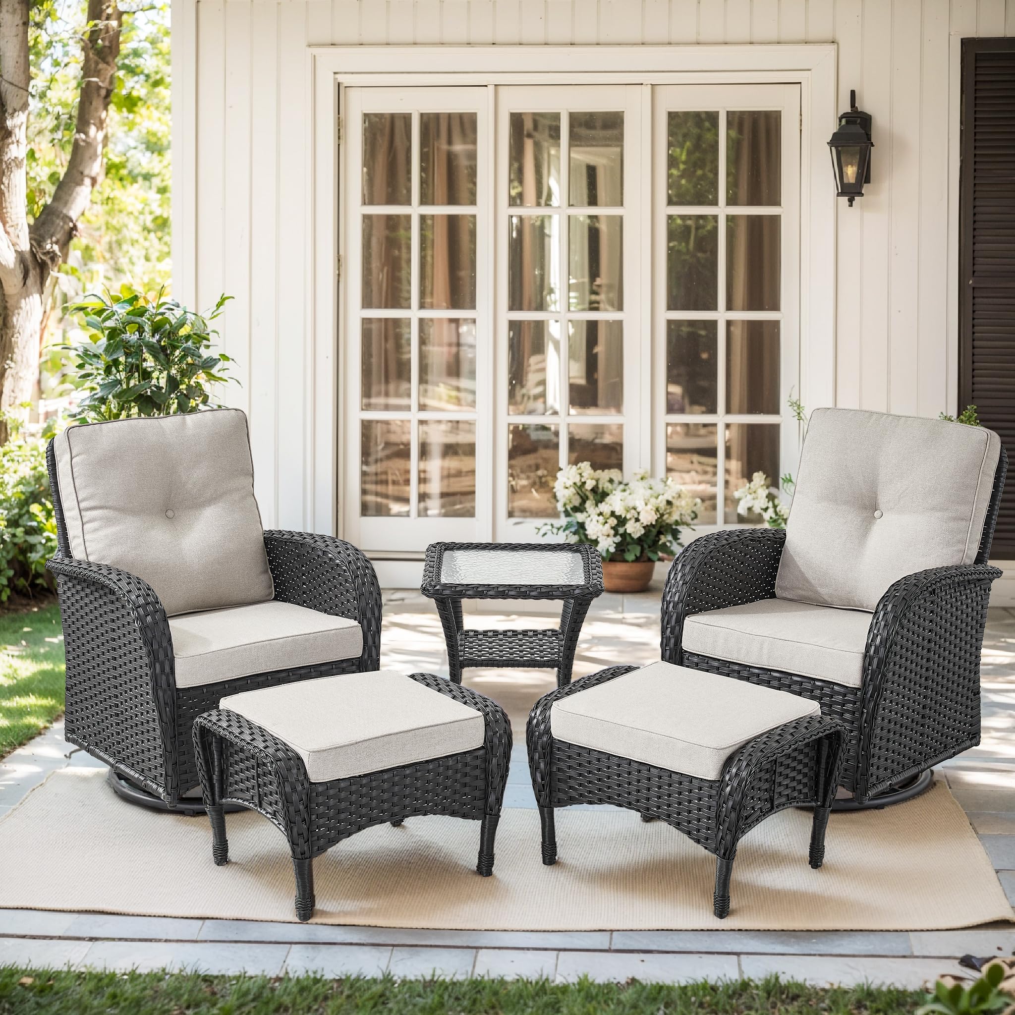 2 in 1 Porch Glider Swivel Chair - Wicker Patio Furniture Outdoor Swivel Rocker Chair with Thick Cushion, 300 Lb Weight Capacity Patio Swivel Glider Seating - Brown Wicker, Grey Cushion