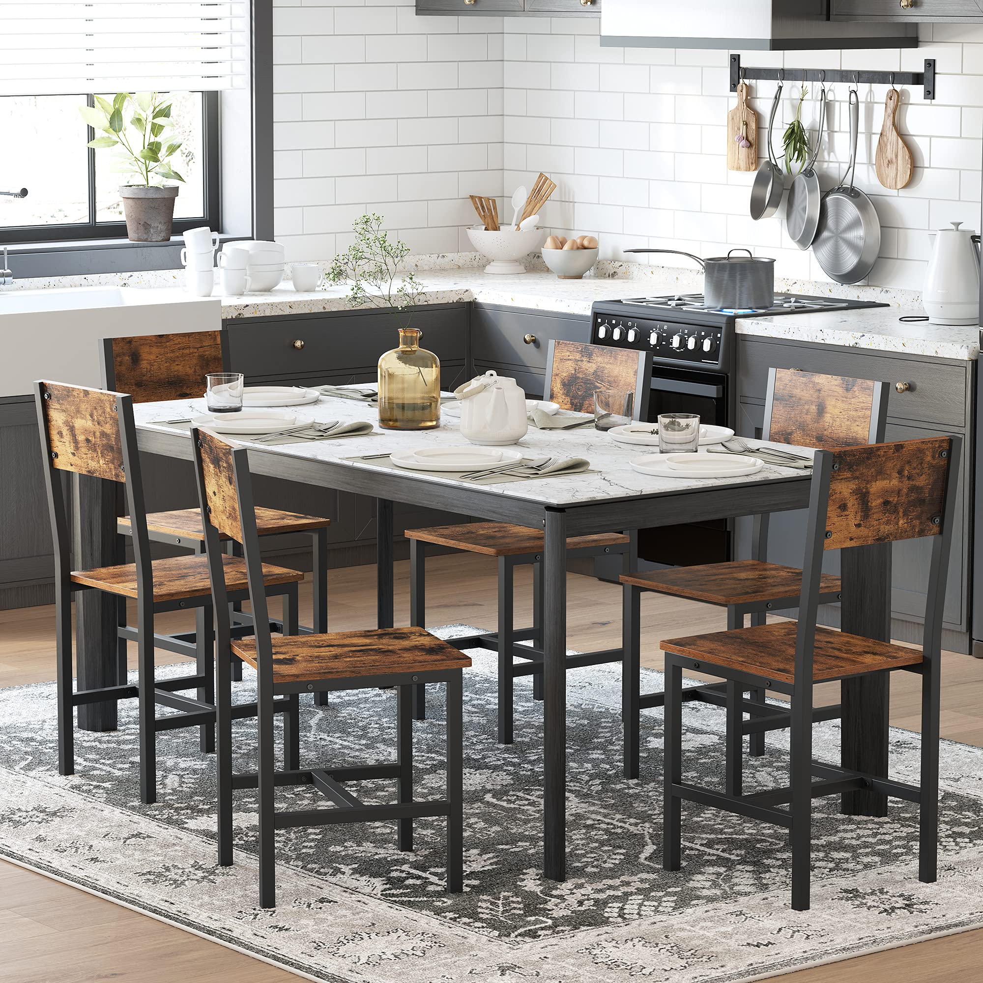 VASAGLE Dining Chair Set of 2, Rustic Wood Chairs with Metal Steel Frame, Easy to Assemble, Comfortable Seat, Modern Farmhouse Chair for Kitchen, Bedroom, Living Room, Rustic Brown and Ink Black