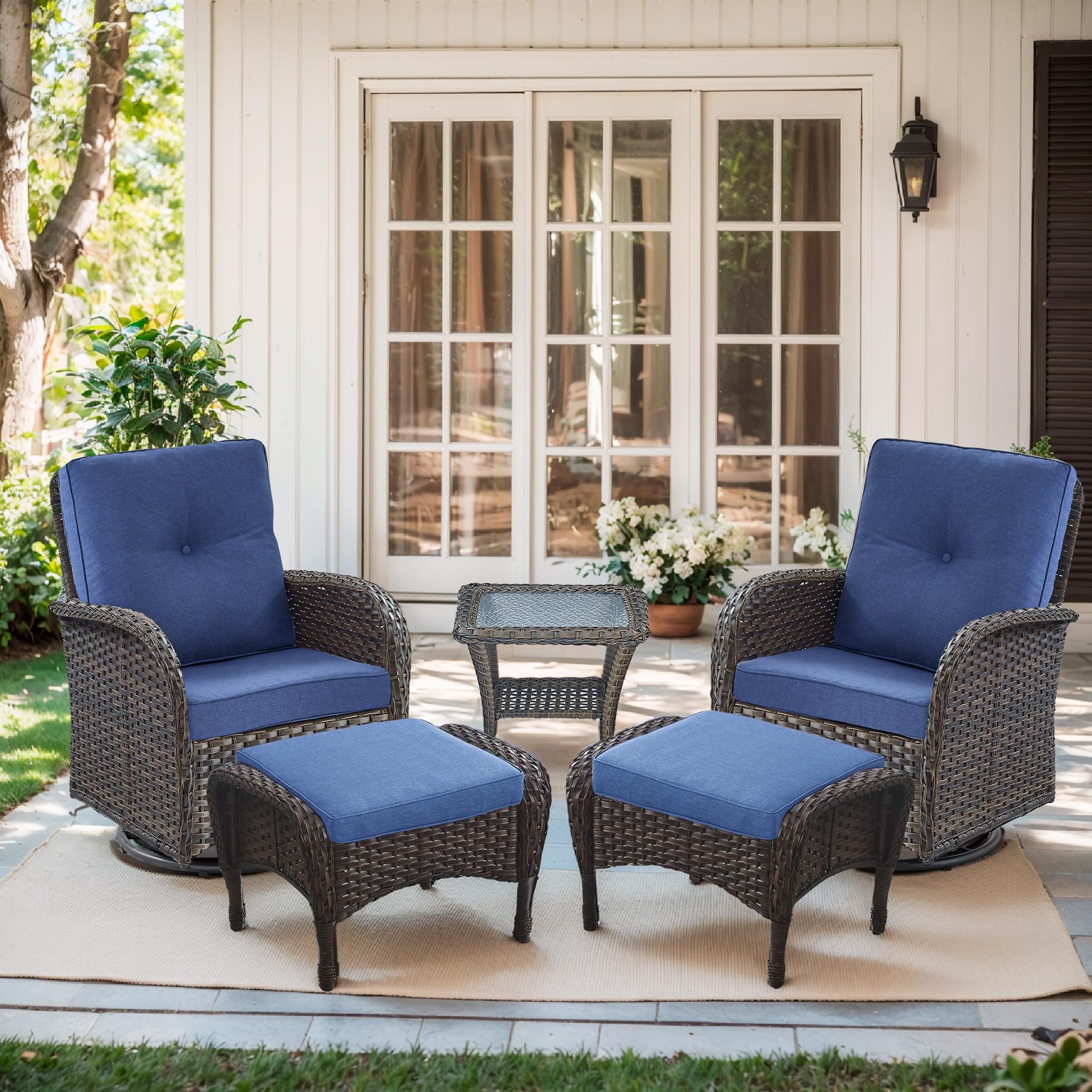 2 in 1 Porch Glider Swivel Chair - Wicker Patio Furniture Outdoor Swivel Rocker Chair with Thick Cushion, 300 Lb Weight Capacity Patio Swivel Glider Seating - Brown Wicker, Grey Cushion
