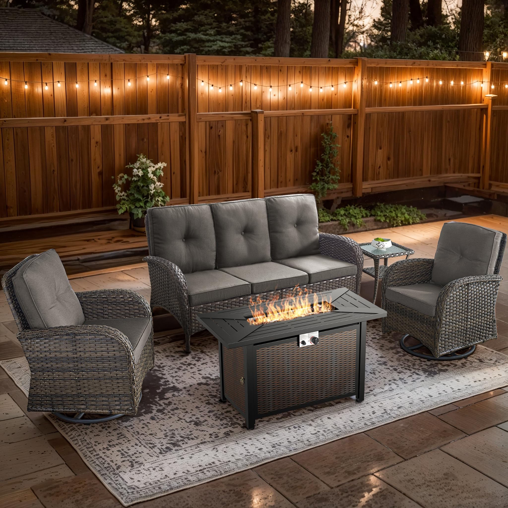 2 in 1 Porch Glider Swivel Chair - Wicker Patio Furniture Outdoor Swivel Rocker Chair with Thick Cushion, 300 Lb Weight Capacity Patio Swivel Glider Seating - Brown Wicker, Grey Cushion