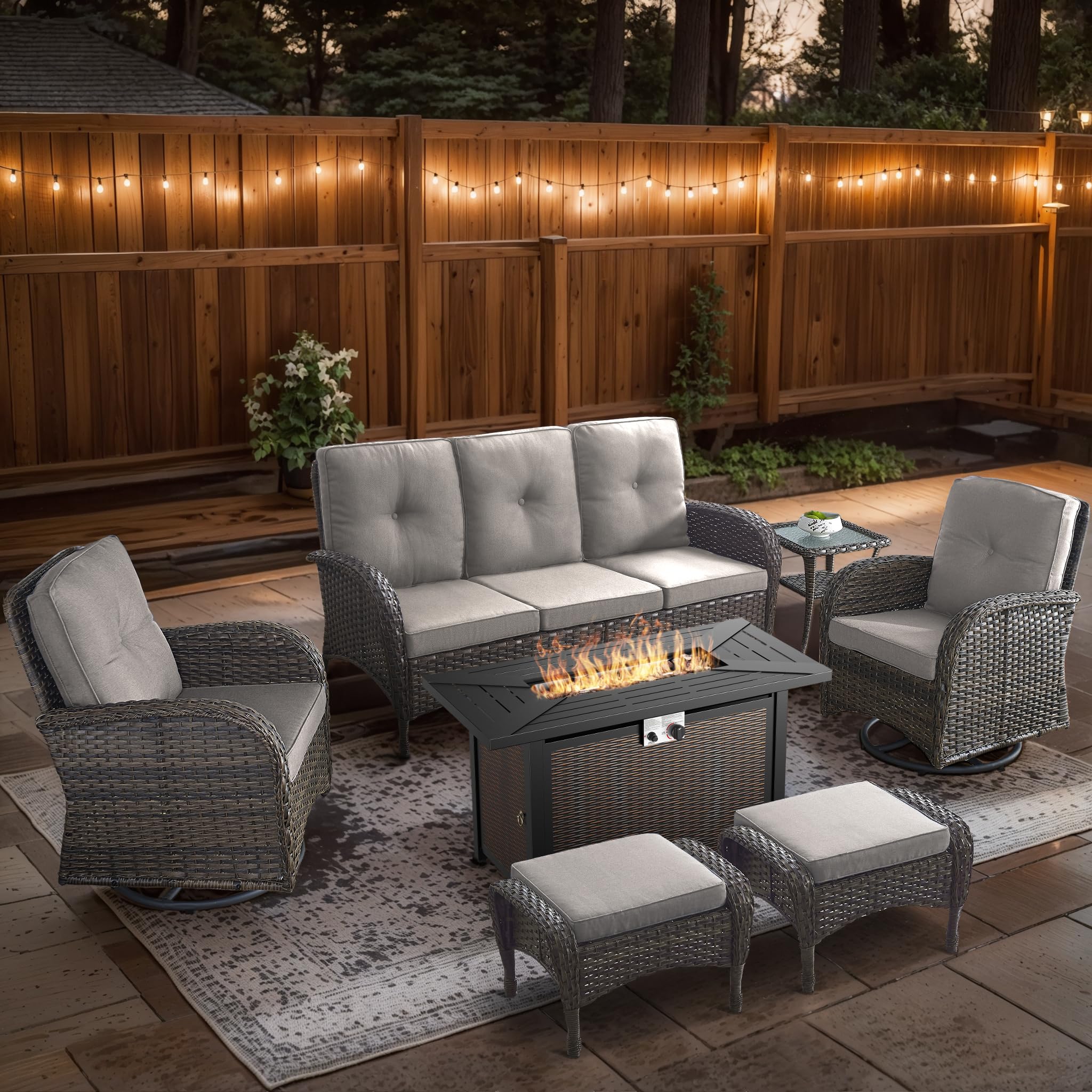 2 in 1 Porch Glider Swivel Chair - Wicker Patio Furniture Outdoor Swivel Rocker Chair with Thick Cushion, 300 Lb Weight Capacity Patio Swivel Glider Seating - Brown Wicker, Grey Cushion
