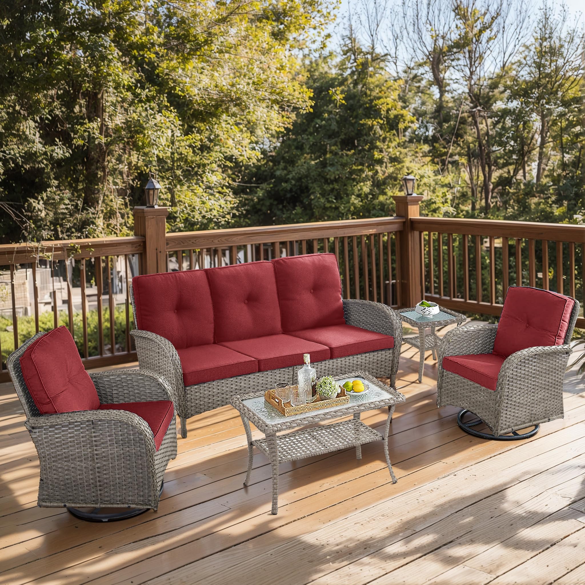 2 in 1 Porch Glider Swivel Chair - Wicker Patio Furniture Outdoor Swivel Rocker Chair with Thick Cushion, 300 Lb Weight Capacity Patio Swivel Glider Seating - Brown Wicker, Grey Cushion