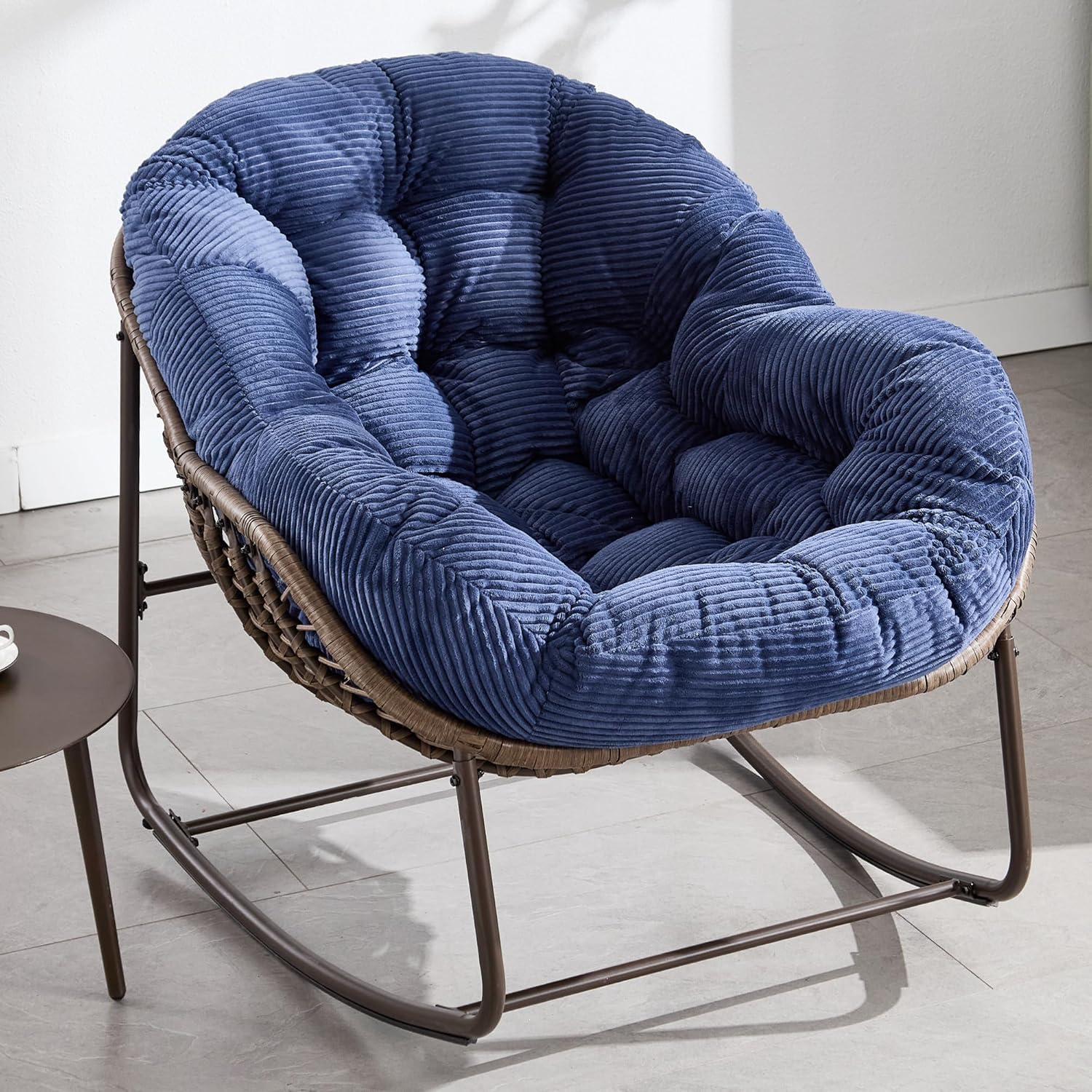 Oversized Papasan Rocking Chair - Outdoor Luxury Comfy Patio Chair, Indoor Egg Royal Rattan Rocking Chair with Strip Velvet Cushion for Front Porch Lounge Lawn Bedroom Living Room (Navy)