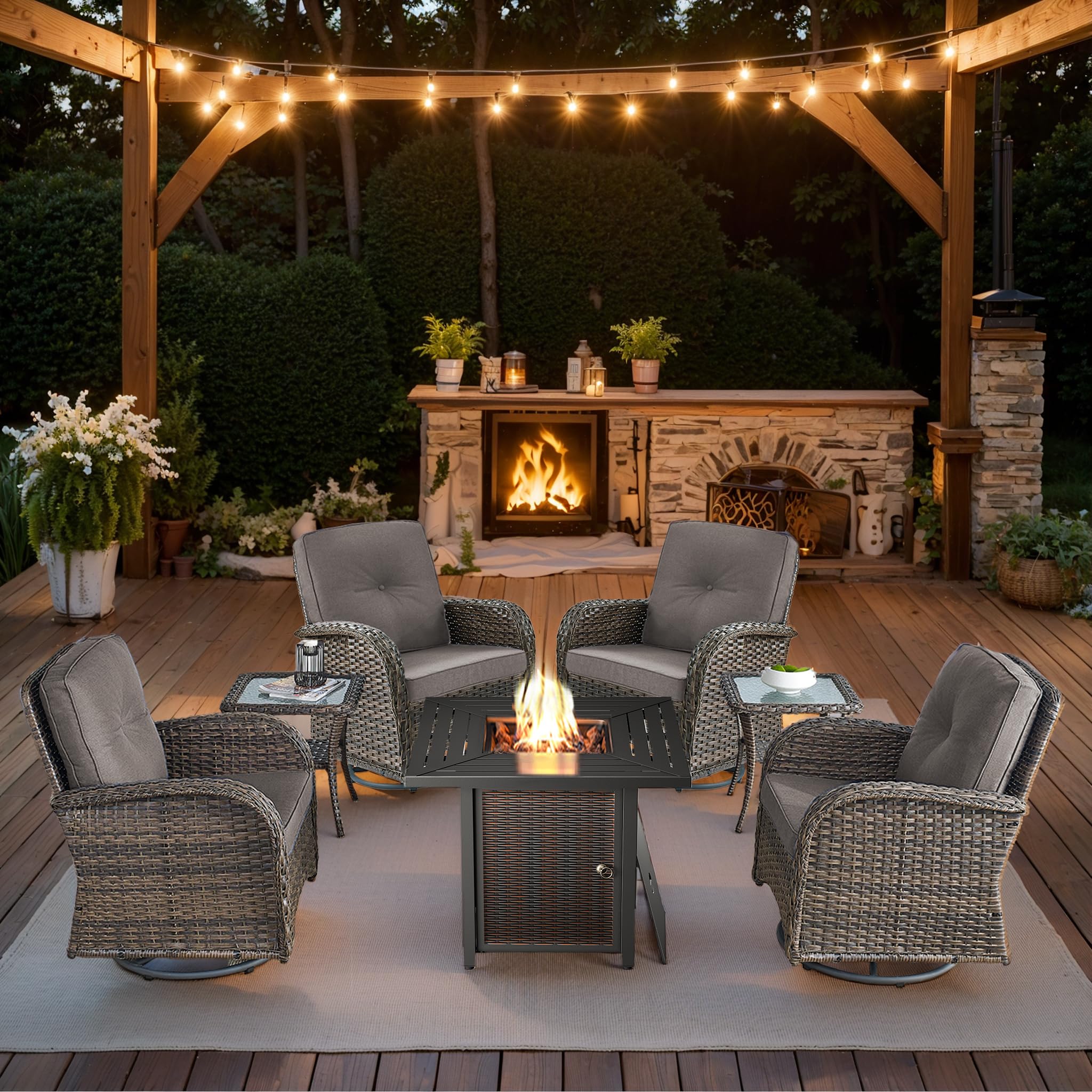 2 in 1 Porch Glider Swivel Chair - Wicker Patio Furniture Outdoor Swivel Rocker Chair with Thick Cushion, 300 Lb Weight Capacity Patio Swivel Glider Seating - Brown Wicker, Grey Cushion