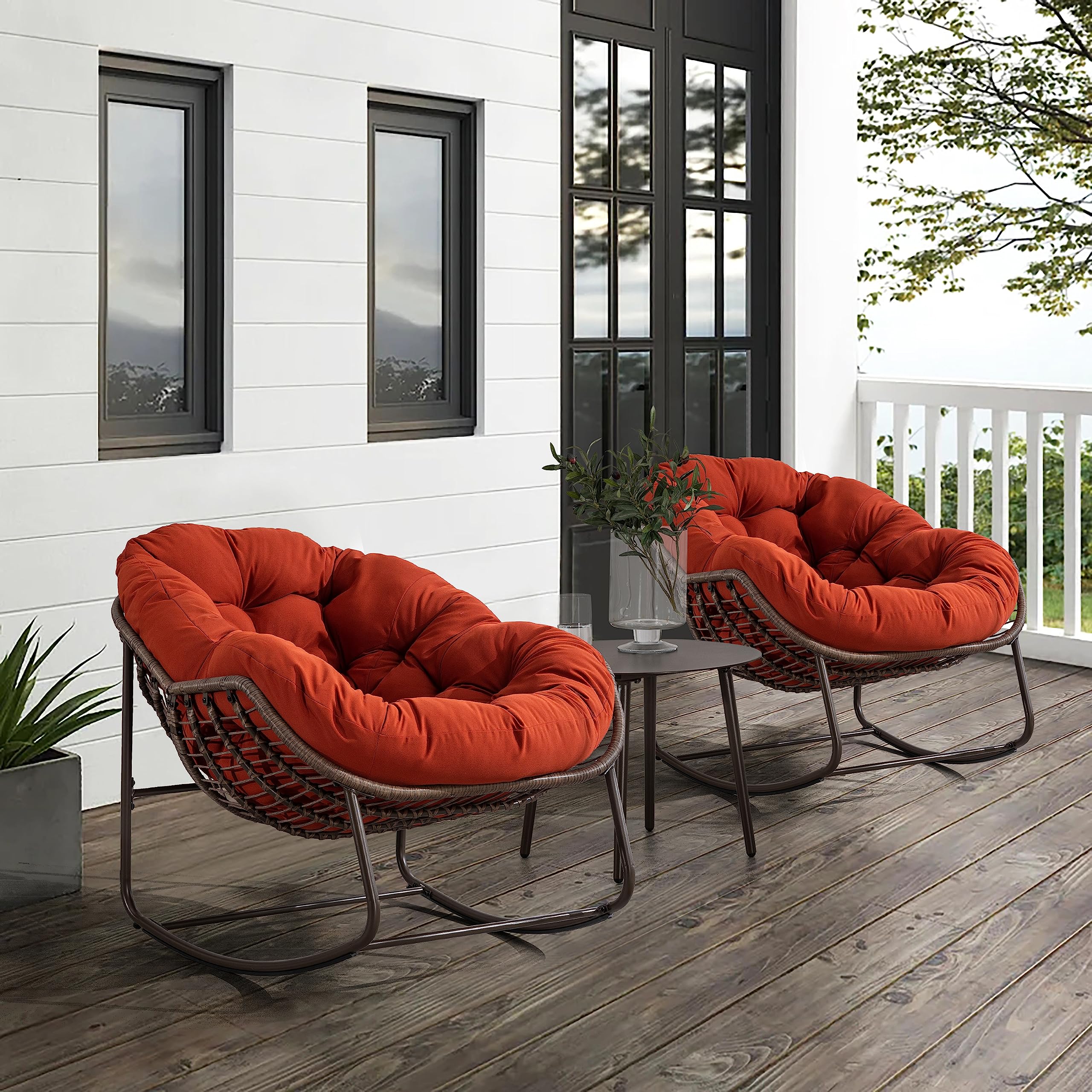 Large Indoor Outdoor Rocking Chair, Oversized Rocking Papasan Chair with Thick Cushion and Frame Outdoor Rocker, Comfy Wicker Egg Chairs Lounge for Outside Porch Patio Backyard Balcony (Beige)