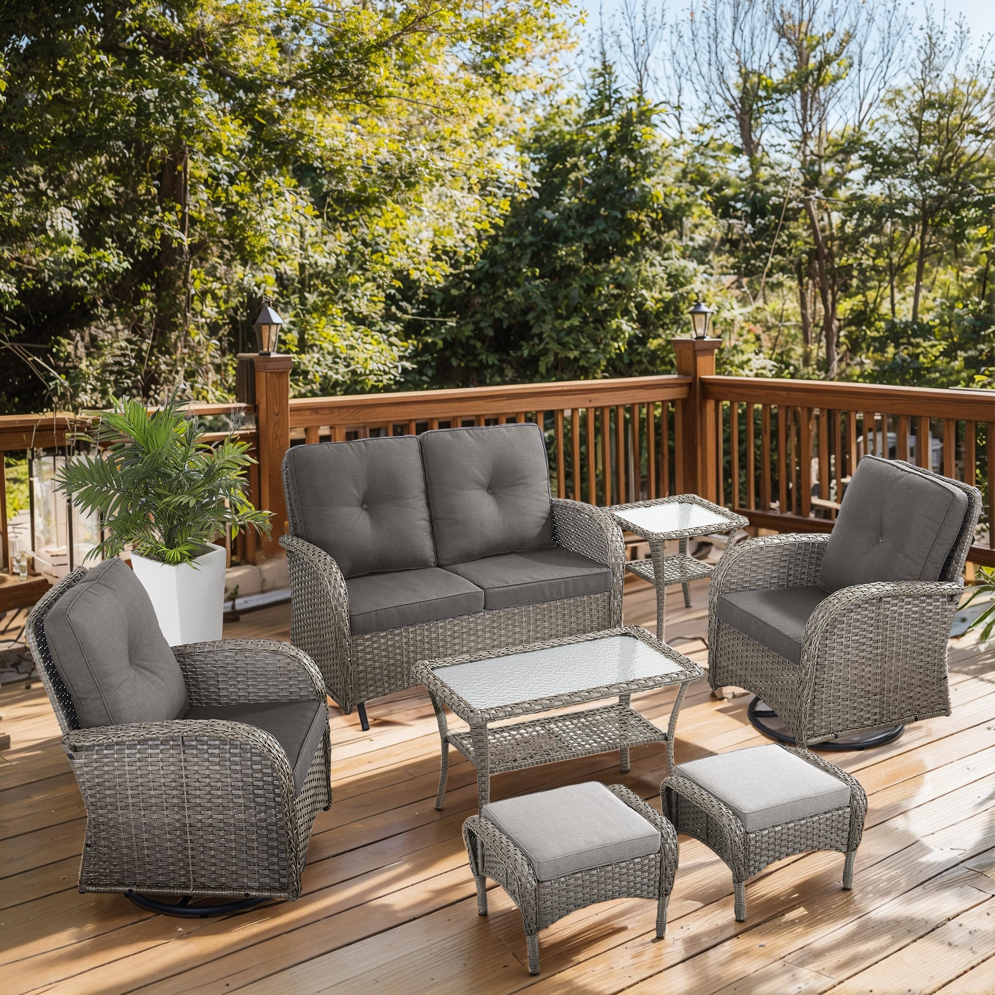 2 in 1 Porch Glider Swivel Chair - Wicker Patio Furniture Outdoor Swivel Rocker Chair with Thick Cushion, 300 Lb Weight Capacity Patio Swivel Glider Seating - Brown Wicker, Grey Cushion