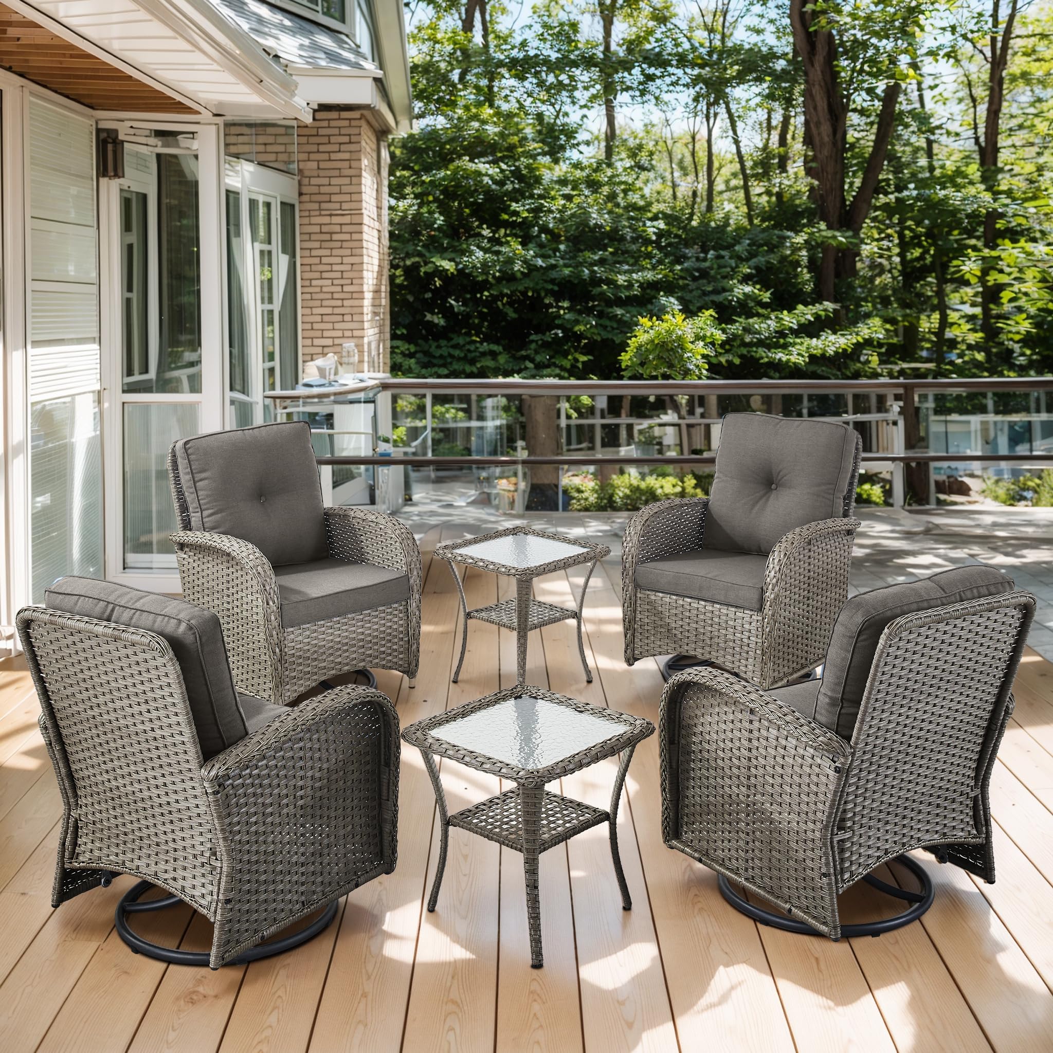 2 in 1 Porch Glider Swivel Chair - Wicker Patio Furniture Outdoor Swivel Rocker Chair with Thick Cushion, 300 Lb Weight Capacity Patio Swivel Glider Seating - Brown Wicker, Grey Cushion