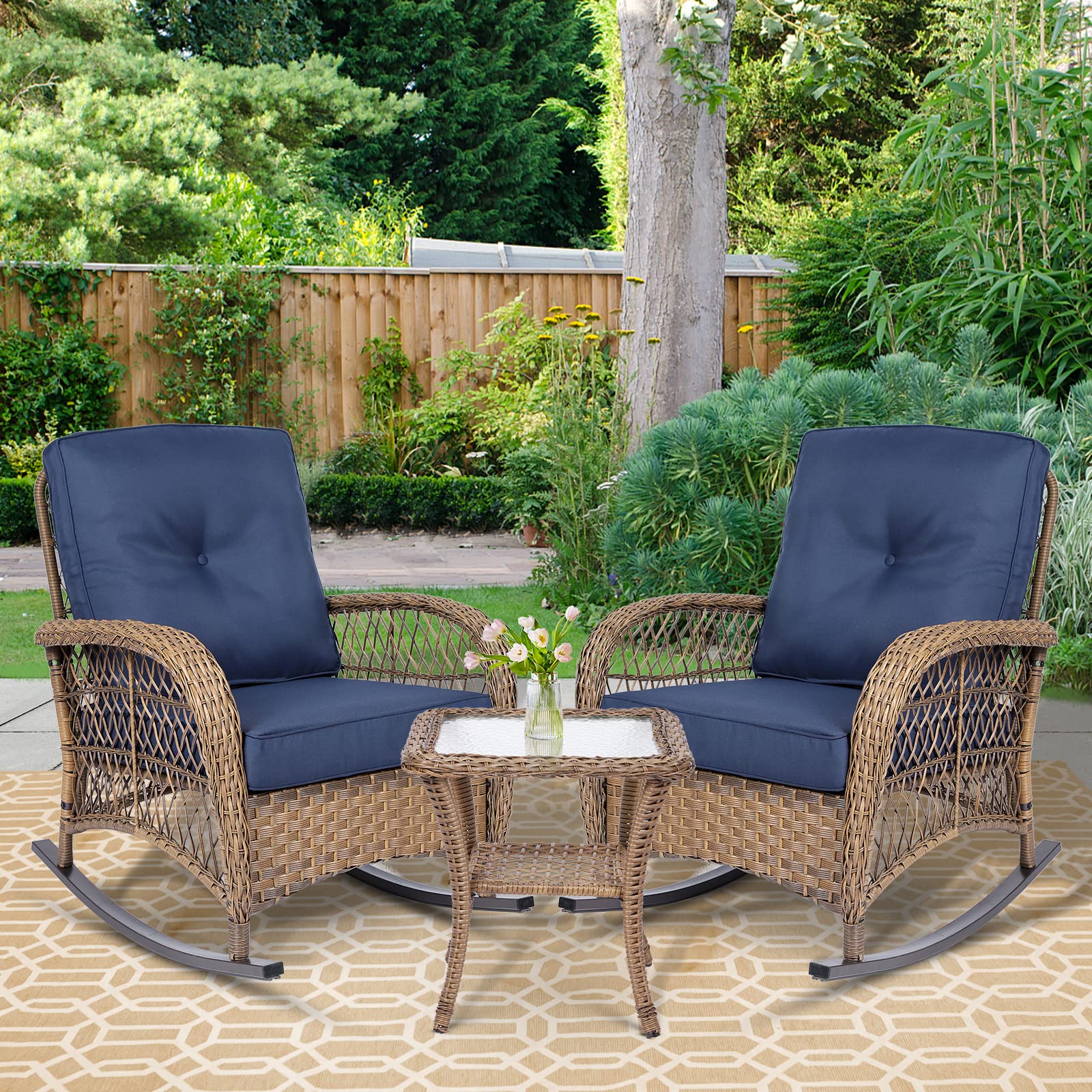 Outdoor Wicker Oversized Rocking Chair, All Weather- Resistant Patio Rocking Chair for Garden Lawn, Patio Wicker Furniture Seat with 4” Thick Cushion, Orange