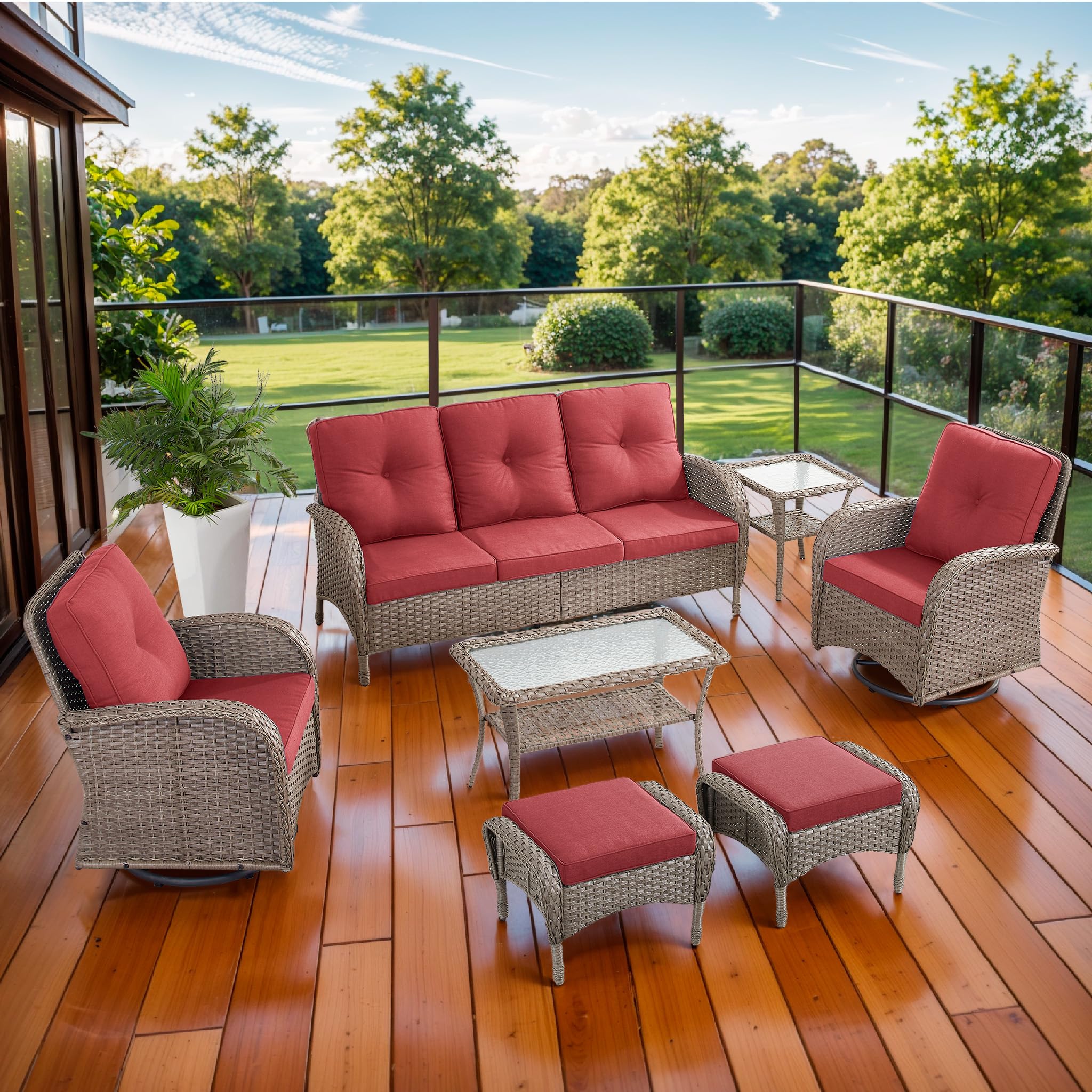2 in 1 Porch Glider Swivel Chair - Wicker Patio Furniture Outdoor Swivel Rocker Chair with Thick Cushion, 300 Lb Weight Capacity Patio Swivel Glider Seating - Brown Wicker, Grey Cushion