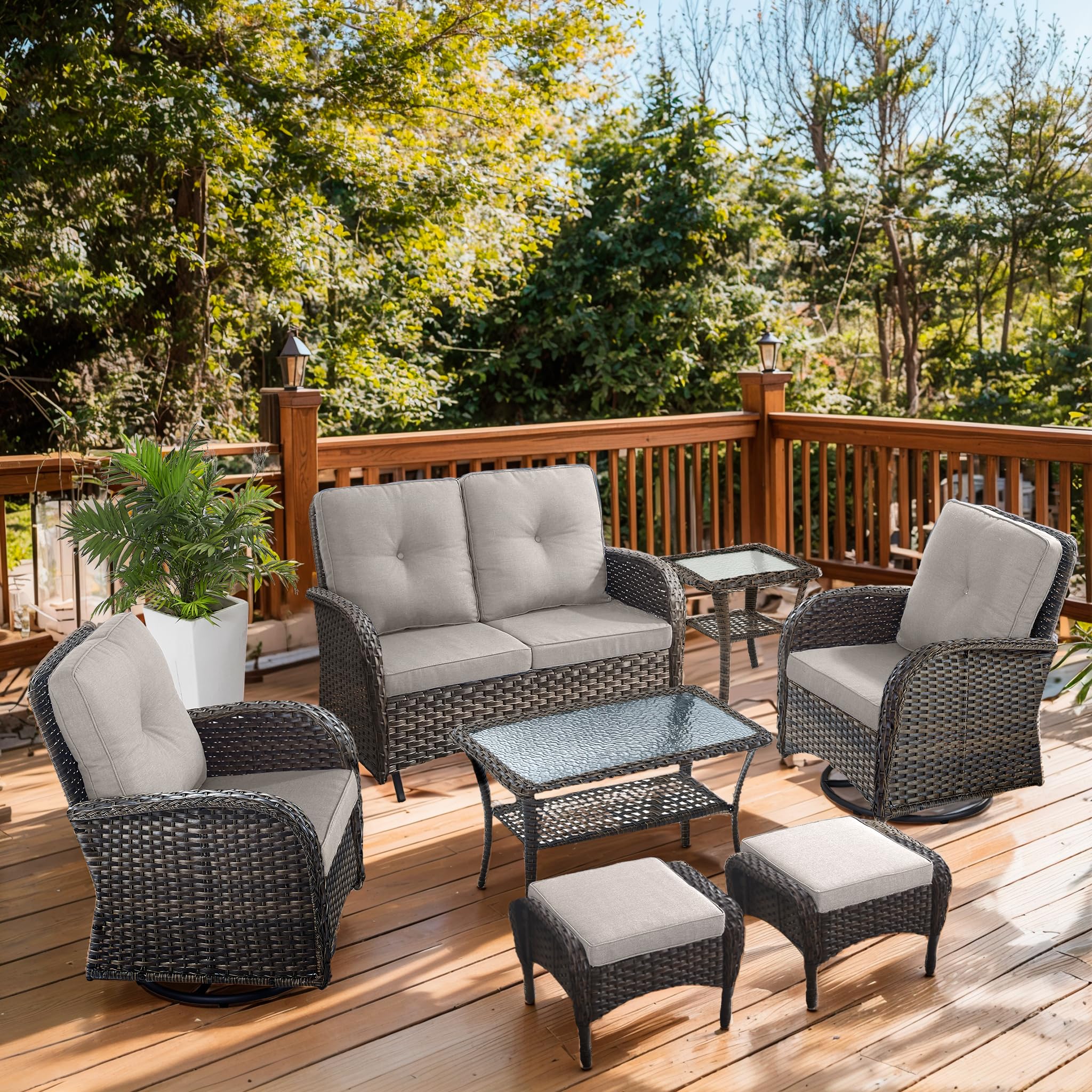 2 in 1 Porch Glider Swivel Chair - Wicker Patio Furniture Outdoor Swivel Rocker Chair with Thick Cushion, 300 Lb Weight Capacity Patio Swivel Glider Seating - Brown Wicker, Grey Cushion