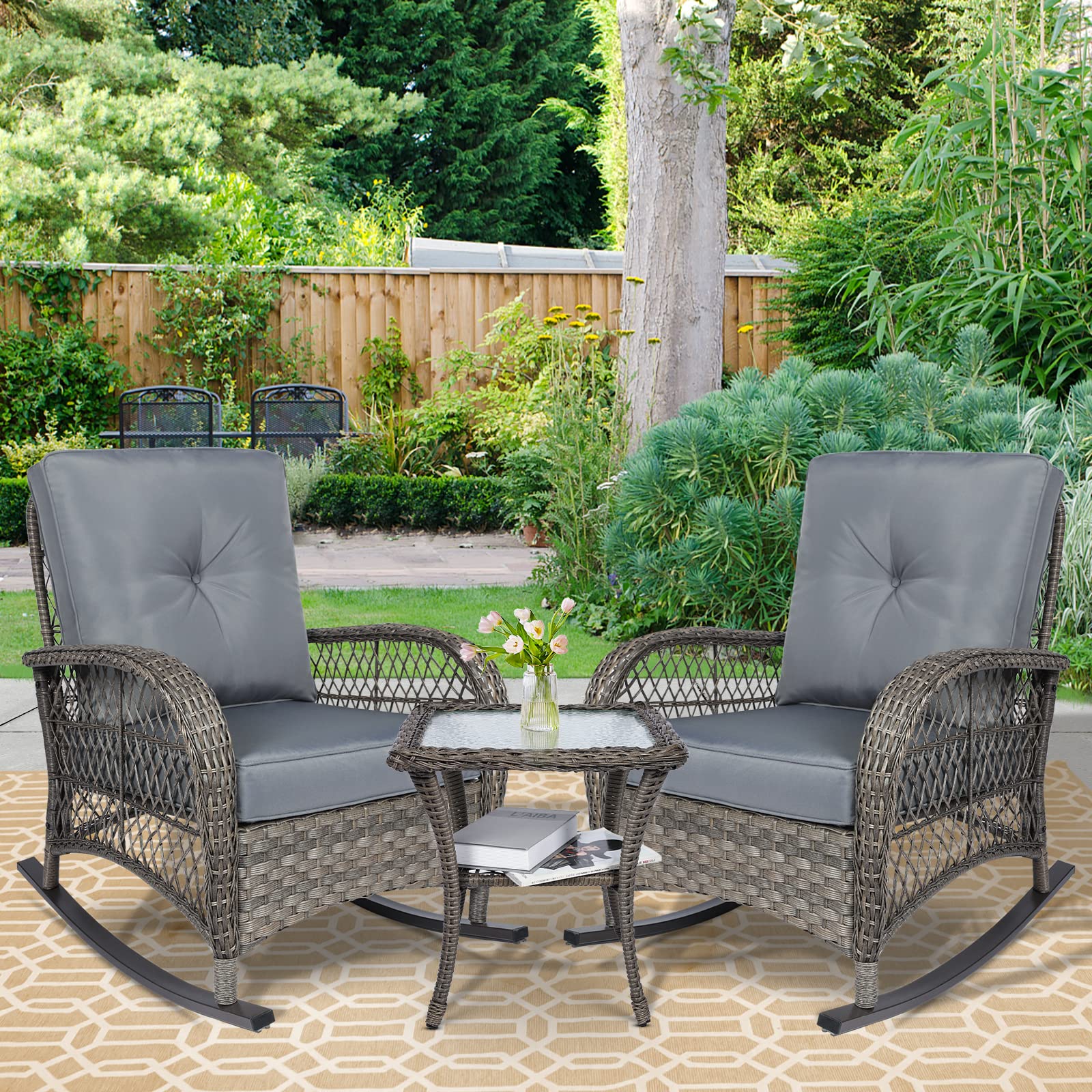 Outdoor Wicker Oversized Rocking Chair, All Weather- Resistant Patio Rocking Chair for Garden Lawn, Patio Wicker Furniture Seat with 4” Thick Cushion, Orange