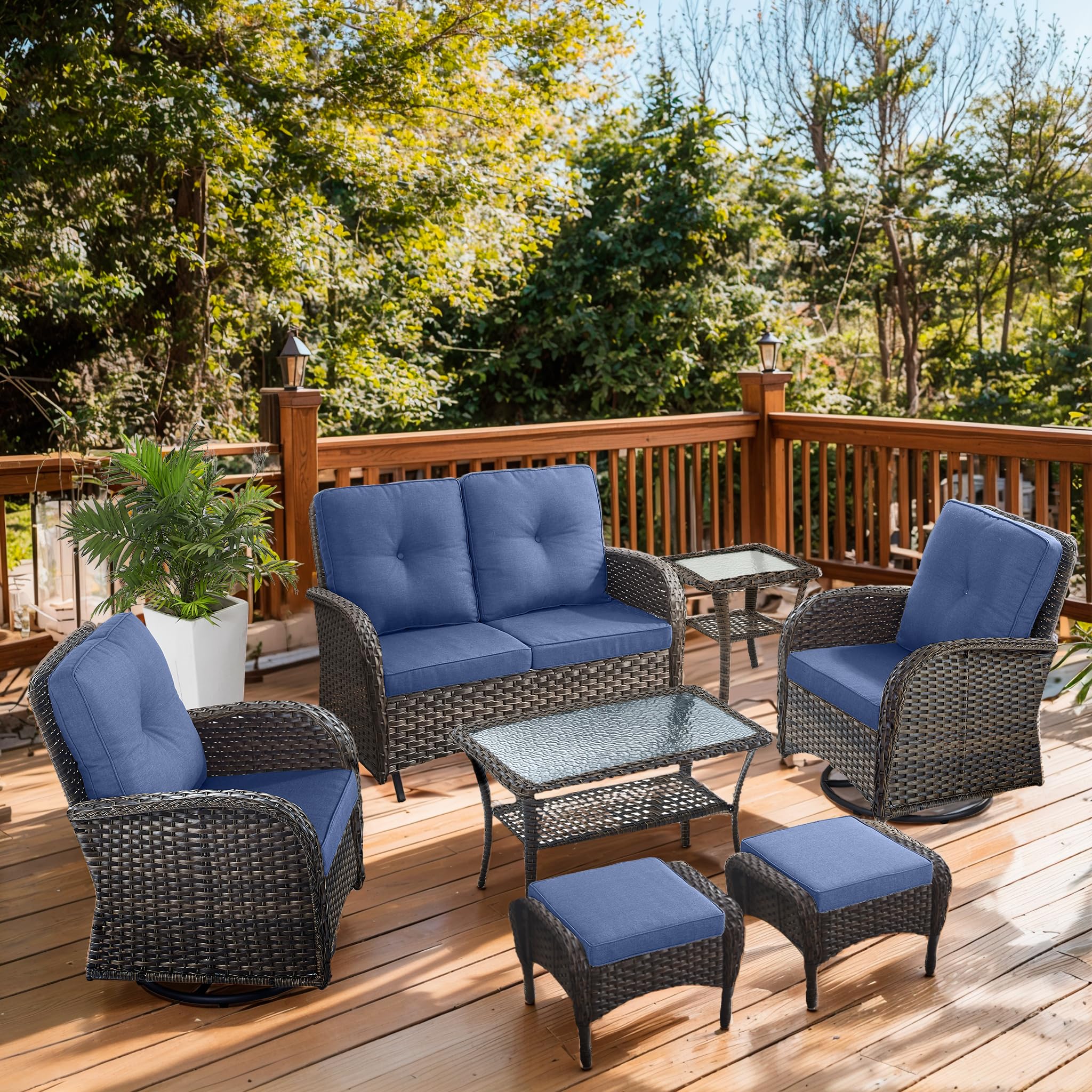 2 in 1 Porch Glider Swivel Chair - Wicker Patio Furniture Outdoor Swivel Rocker Chair with Thick Cushion, 300 Lb Weight Capacity Patio Swivel Glider Seating - Brown Wicker, Grey Cushion