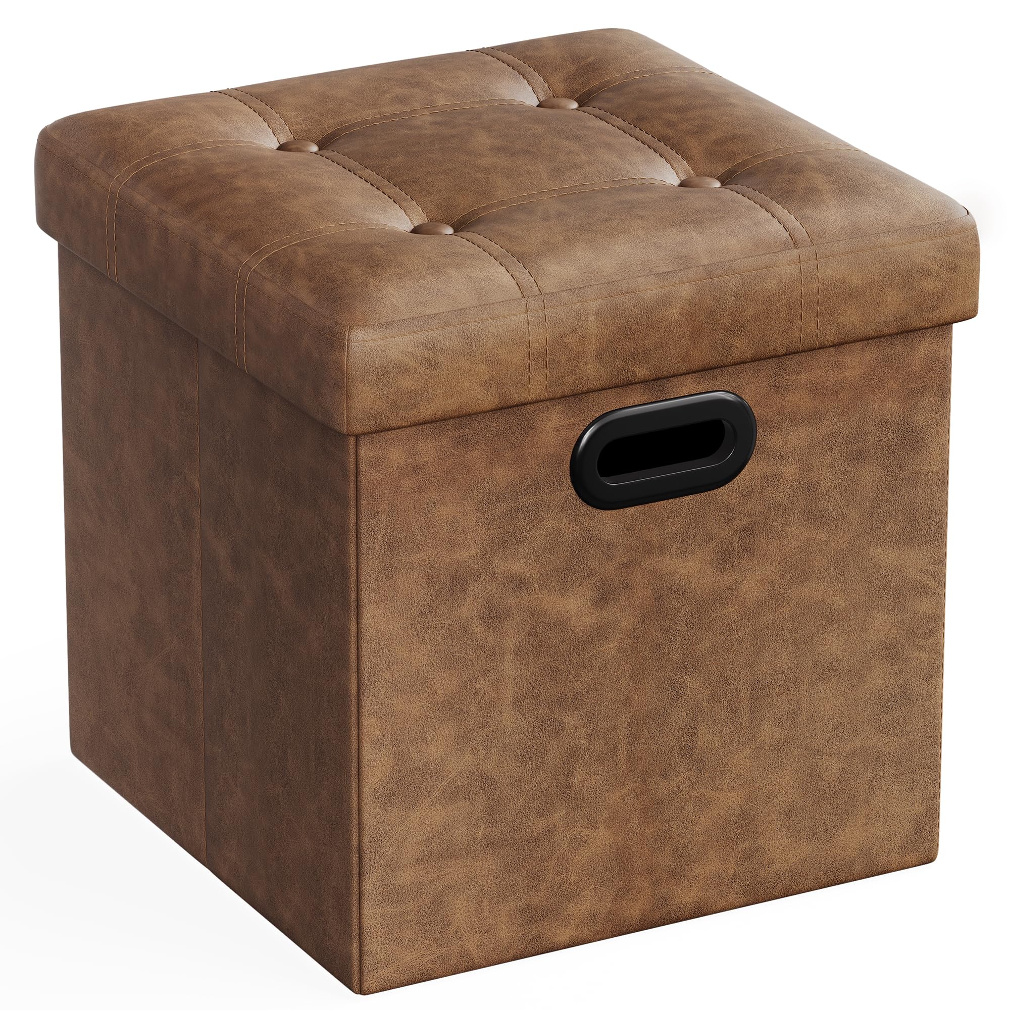 SONGMICS Mazie Collection - 15 Inches Ottoman with Storage, Footstool, Storage Ottoman with Metal Handles, Load 660 lb, for Dorm, Living Room, Bedroom, Synthetic Leather, Coffee Brown ULSF030K01