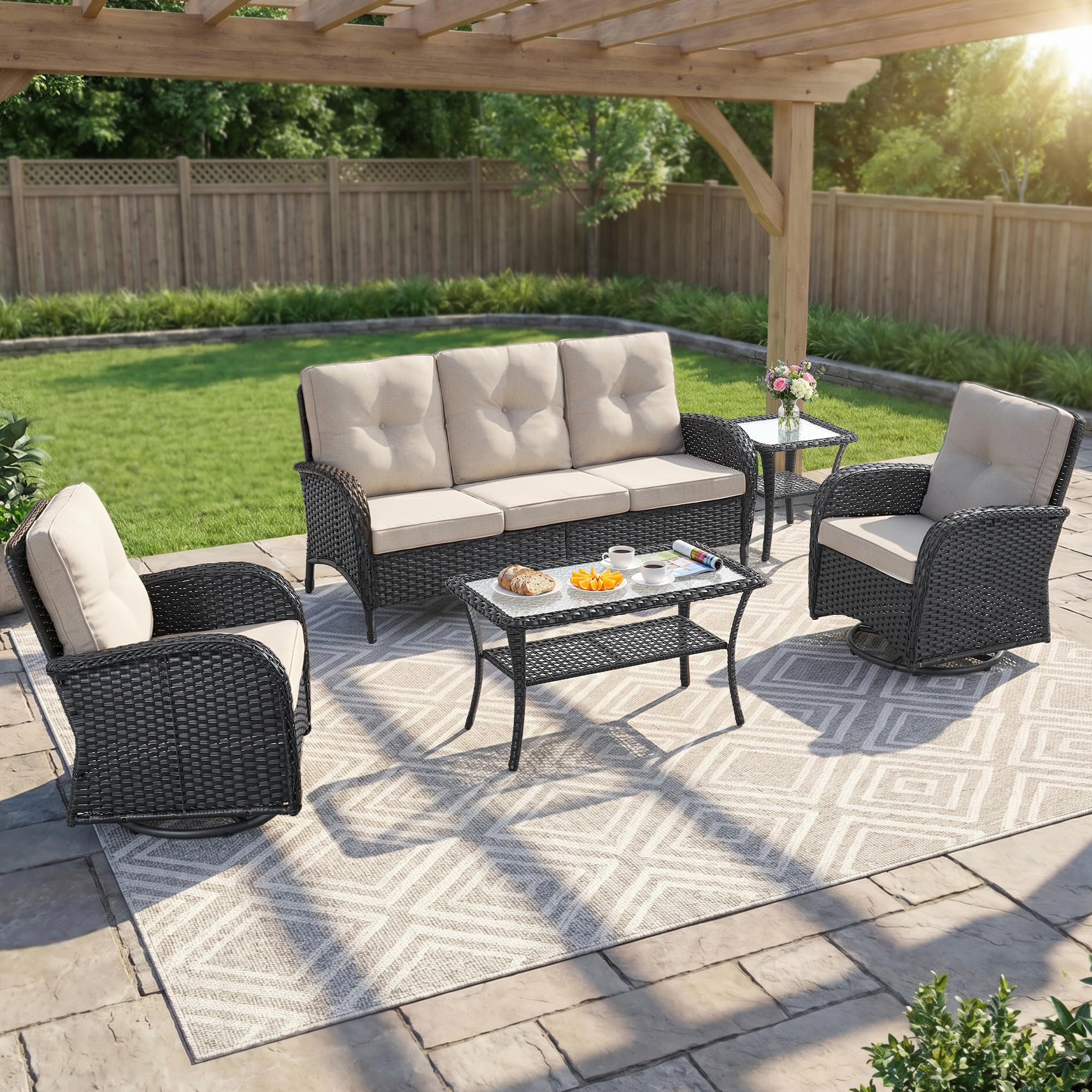 2 in 1 Porch Glider Swivel Chair - Wicker Patio Furniture Outdoor Swivel Rocker Chair with Thick Cushion, 300 Lb Weight Capacity Patio Swivel Glider Seating - Brown Wicker, Grey Cushion