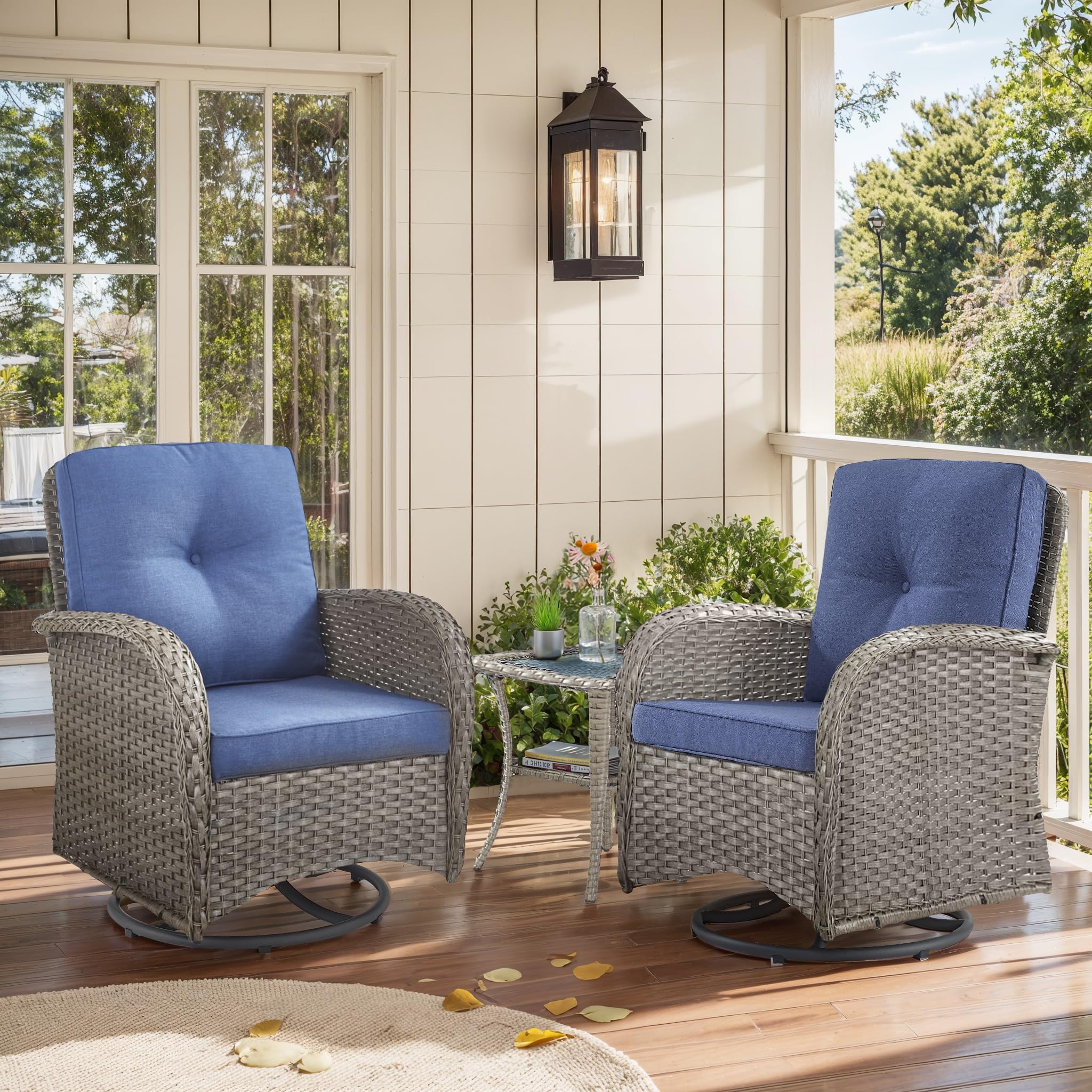 2 in 1 Porch Glider Swivel Chair - Wicker Patio Furniture Outdoor Swivel Rocker Chair with Thick Cushion, 300 Lb Weight Capacity Patio Swivel Glider Seating - Brown Wicker, Grey Cushion