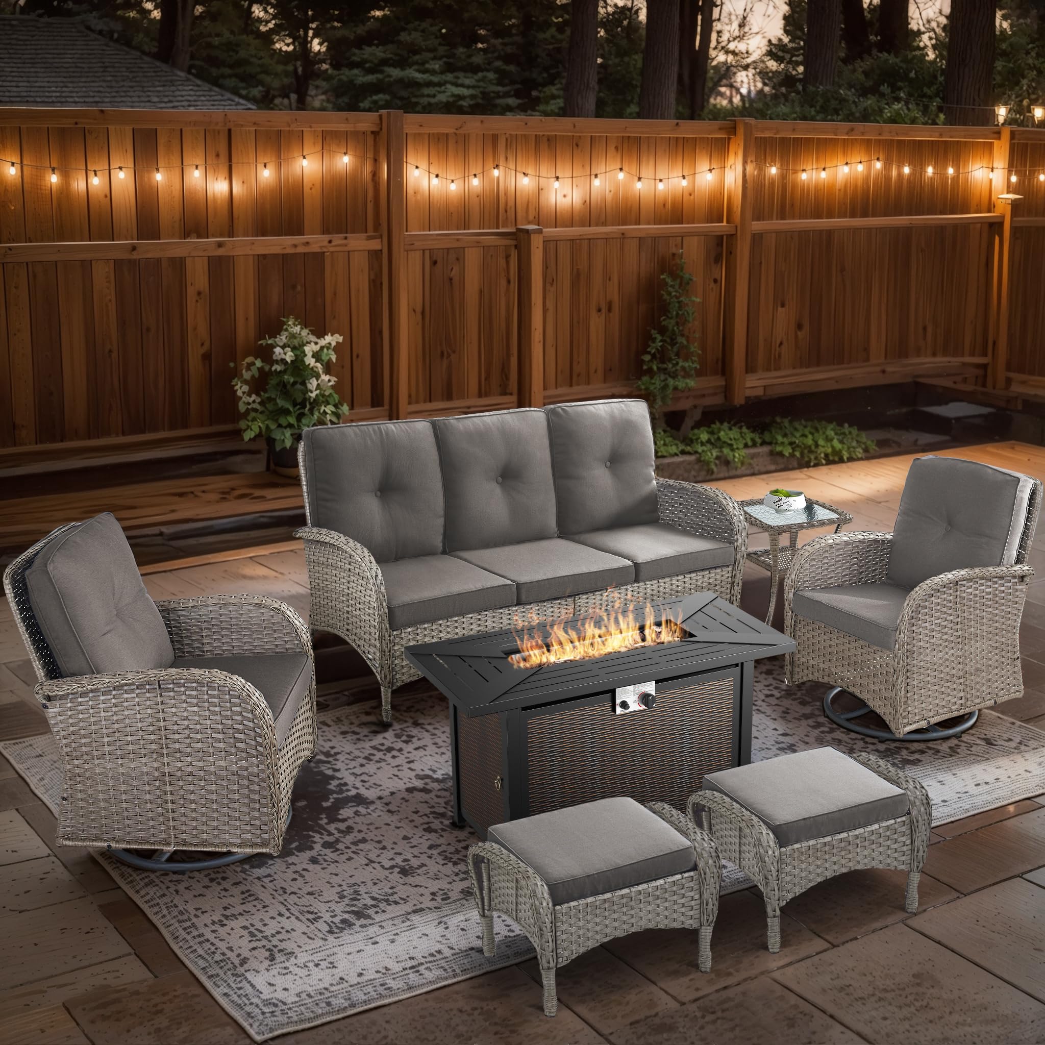 2 in 1 Porch Glider Swivel Chair - Wicker Patio Furniture Outdoor Swivel Rocker Chair with Thick Cushion, 300 Lb Weight Capacity Patio Swivel Glider Seating - Brown Wicker, Grey Cushion
