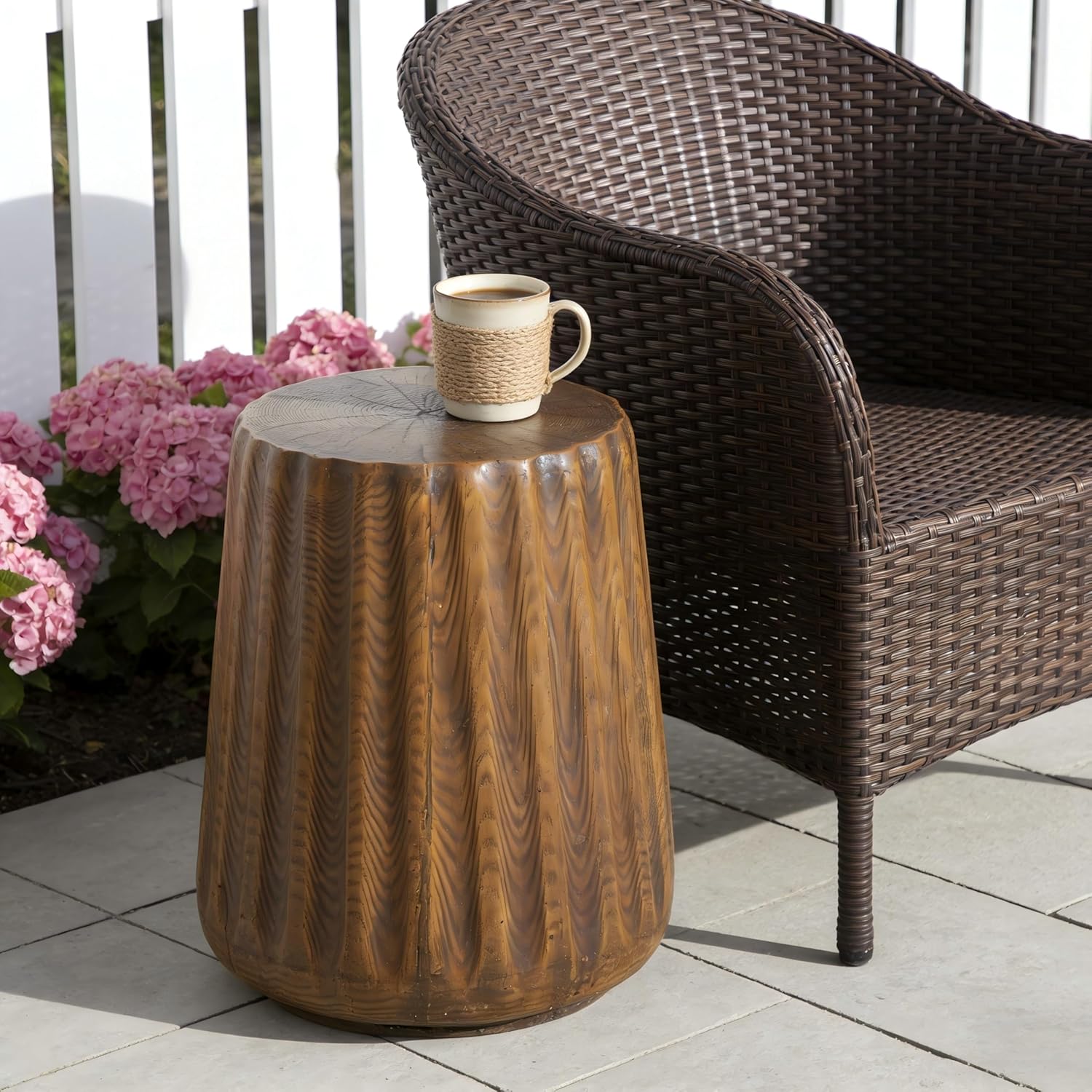 Merax MGO Tree Stump Side Table, Rustic Wood Grain End Table for Outdoor & Indoor, Durable Patio & Living Room Accent Table, Brown Wood Grain Finish