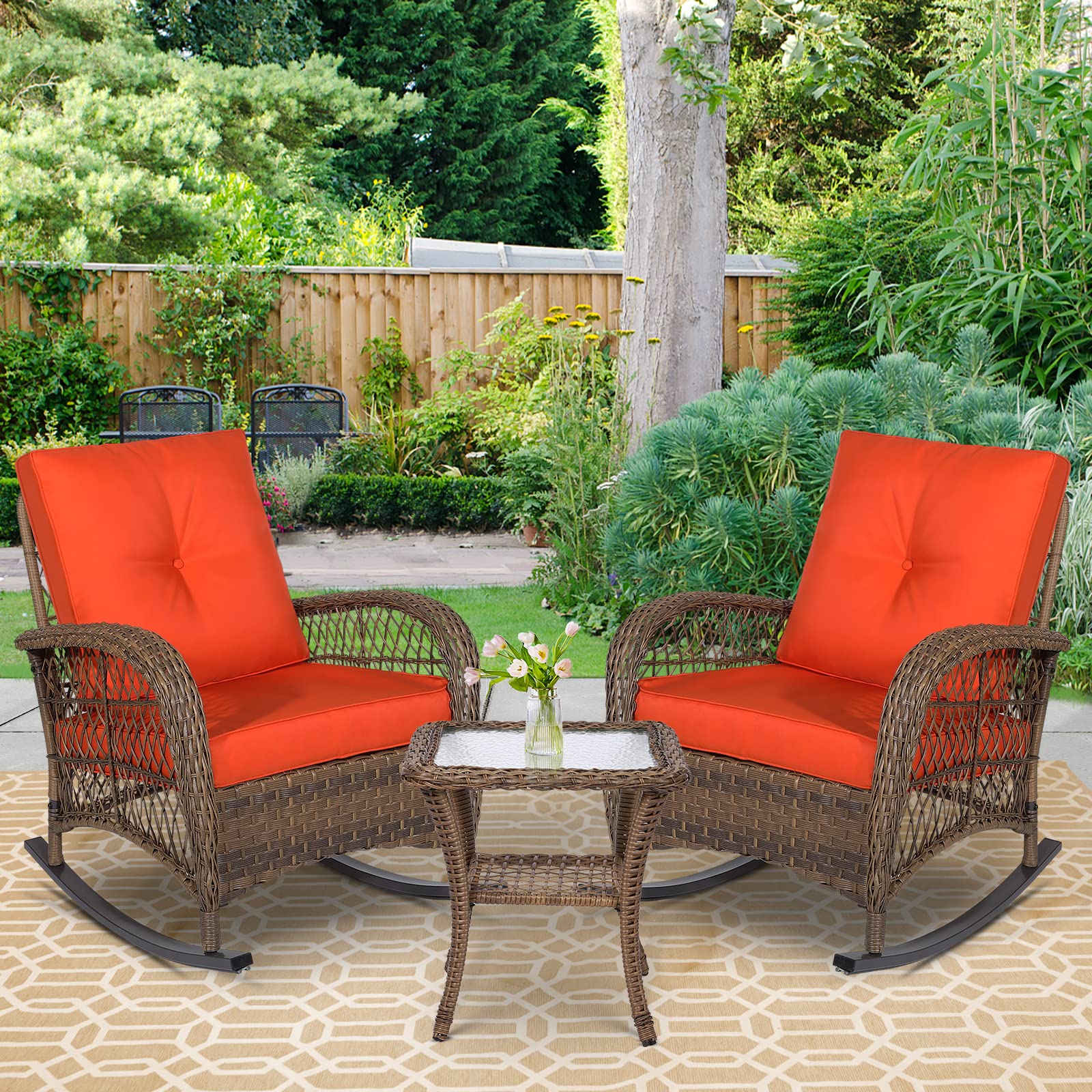 Outdoor Wicker Oversized Rocking Chair, All Weather- Resistant Patio Rocking Chair for Garden Lawn, Patio Wicker Furniture Seat with 4” Thick Cushion, Orange