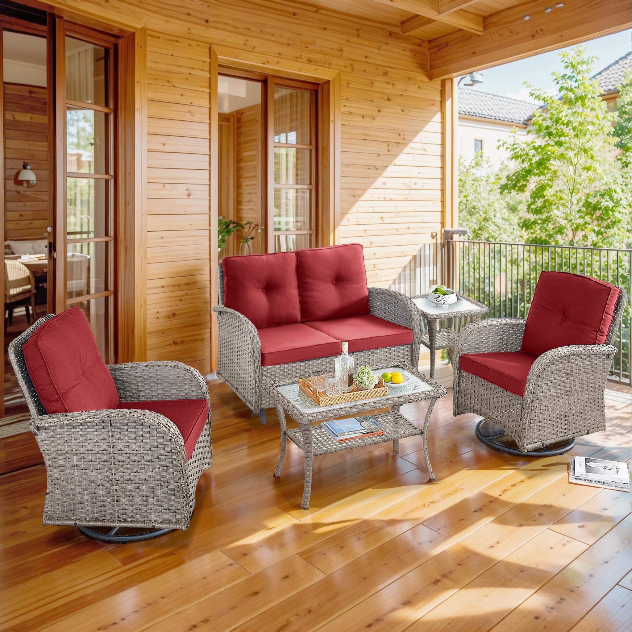 2 in 1 Porch Glider Swivel Chair - Wicker Patio Furniture Outdoor Swivel Rocker Chair with Thick Cushion, 300 Lb Weight Capacity Patio Swivel Glider Seating - Brown Wicker, Grey Cushion