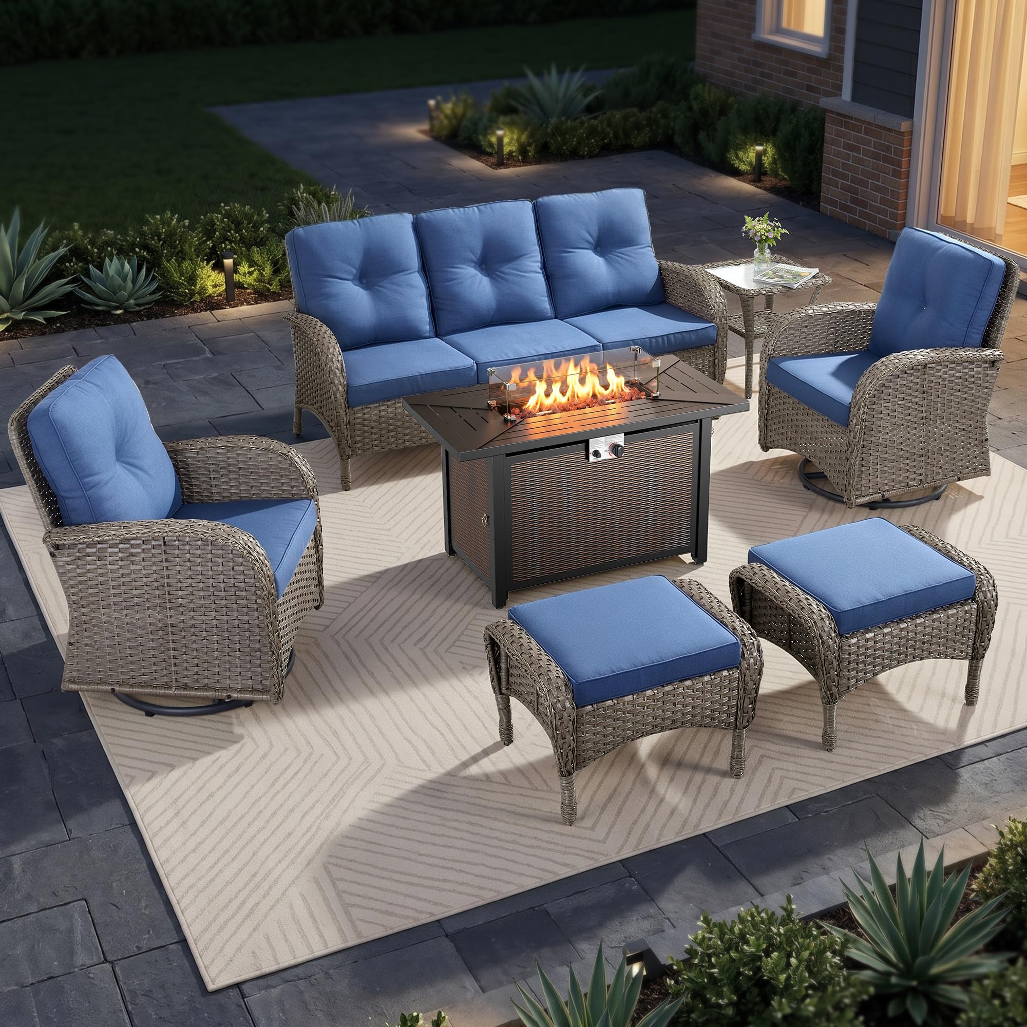 2 in 1 Porch Glider Swivel Chair - Wicker Patio Furniture Outdoor Swivel Rocker Chair with Thick Cushion, 300 Lb Weight Capacity Patio Swivel Glider Seating - Brown Wicker, Grey Cushion